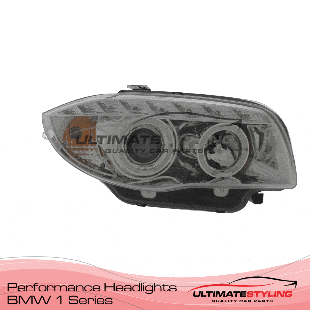 360 view of a BMW 1 Series aftermarket headlight upgrade