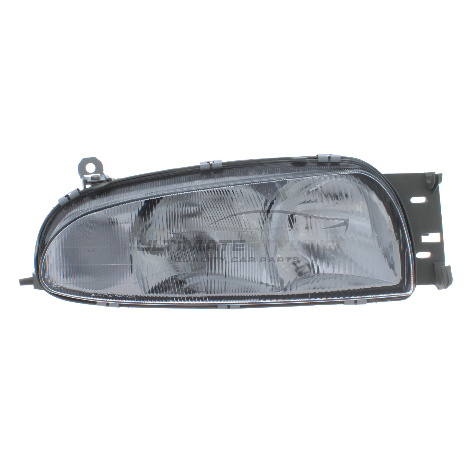 Ford Fiesta 1995-1999, Courier 1996-2000, Mazda 121 1996-2000 Halogen, Electric Without Motor, Chrome Headlight / Headlamp Drivers Side (RH)