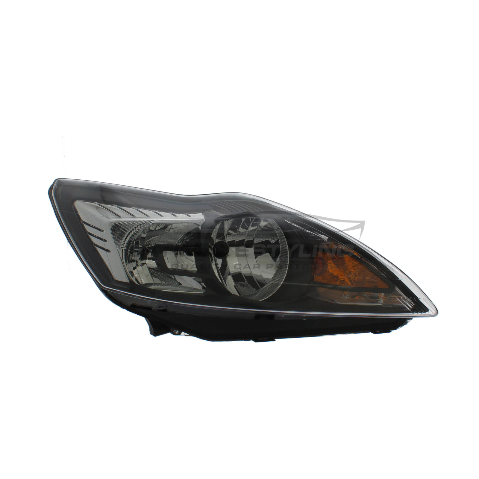 Ford Focus 2008-2011 Halogen, Electric With Motor, Black Headlight / Headlamp Including Chrome Insert Drivers Side (RH)