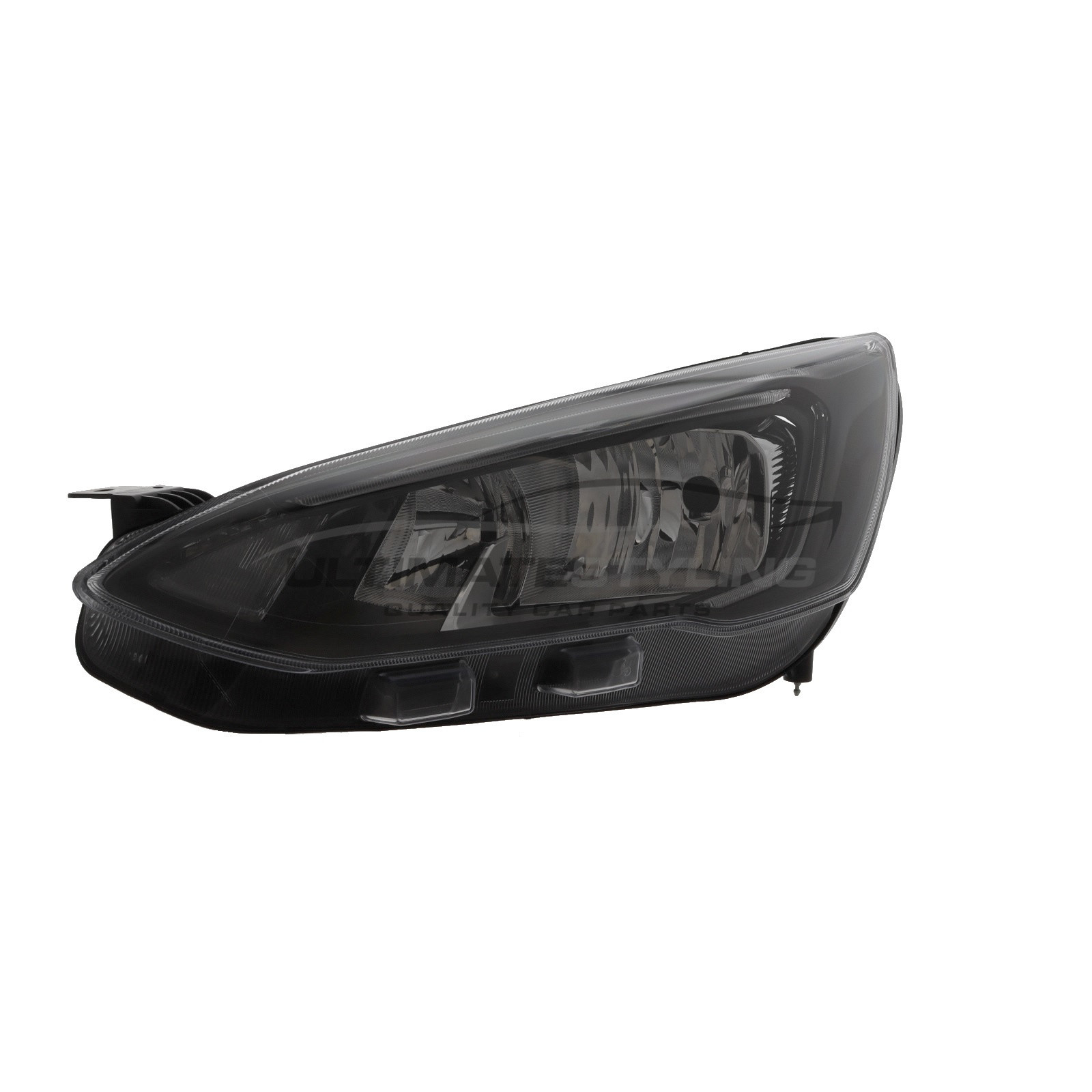 Ford Focus 2018-> Halogen With LED Daytime Running Lamp, Electric With Motor, Chrome Headlight / Headlamp with Black Surround Passengers Side (LH)