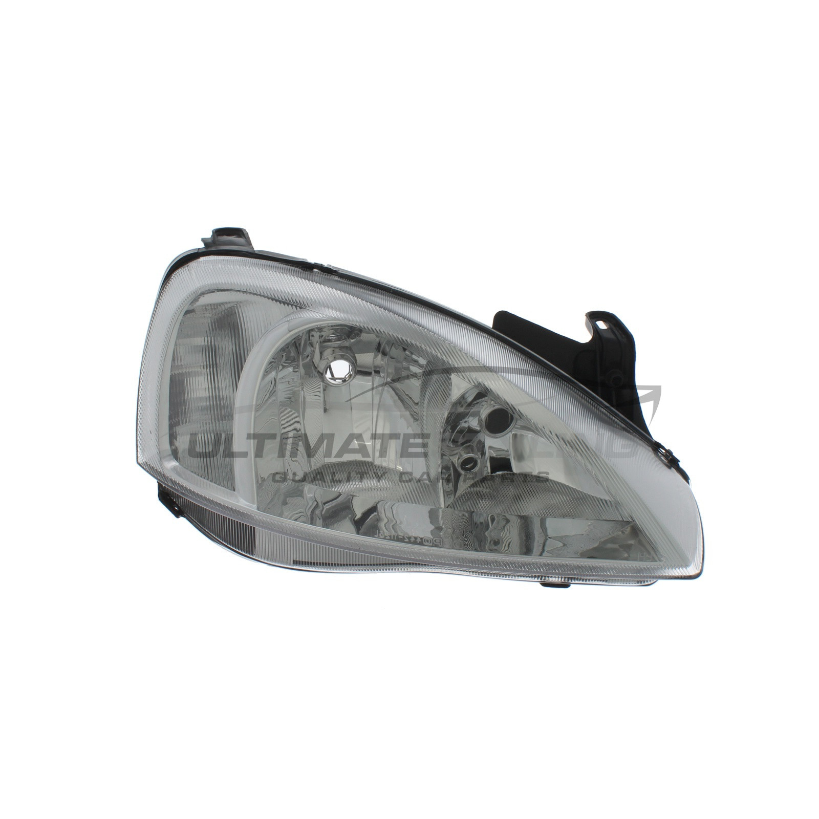 Vauxhall Combo 2001-2002, Corsa 2000-2003 Halogen, Electric Without Motor, Chrome Headlight / Headlamp Including Clear Indicator (Non-Projector Type) Drivers Side (RH)