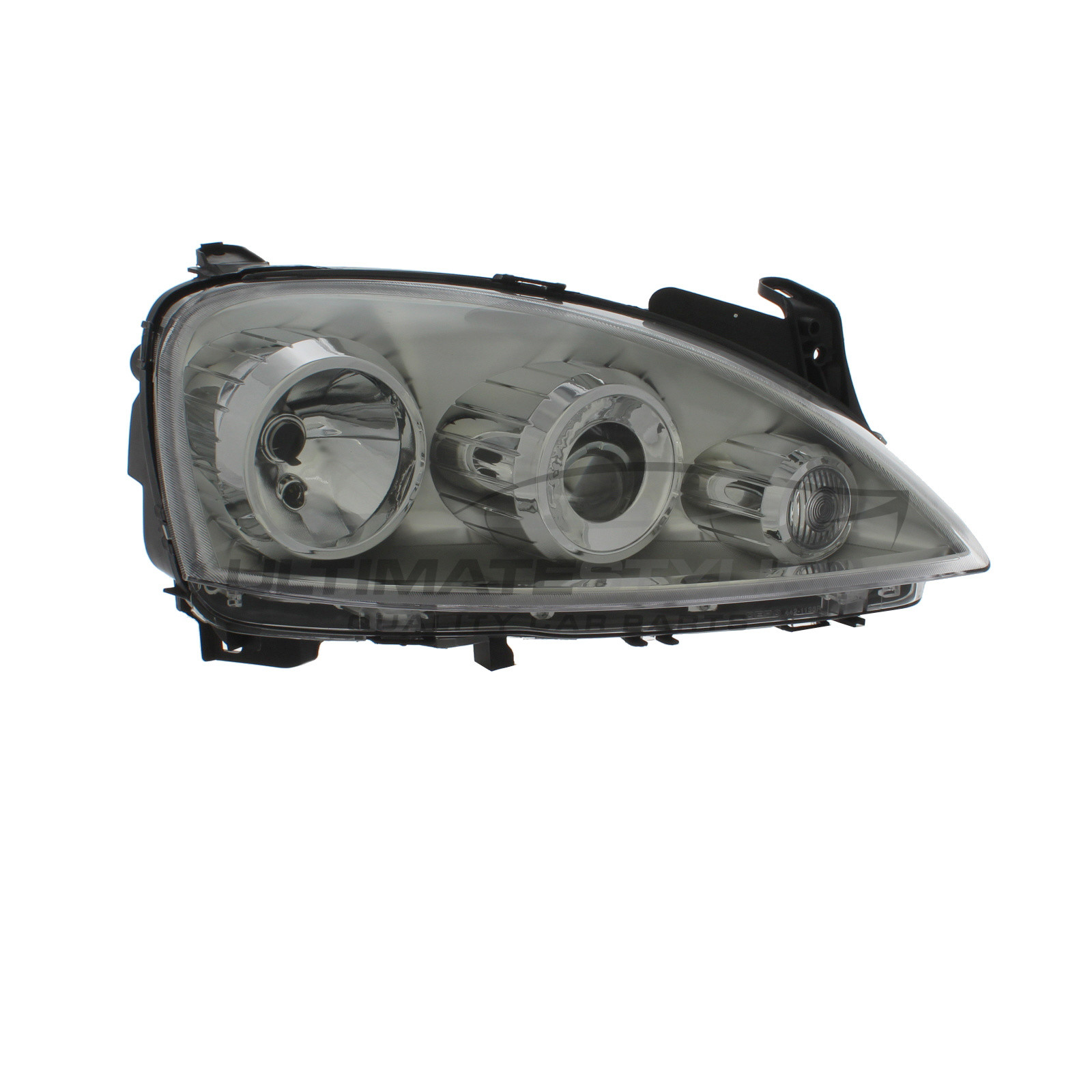 Vauxhall Corsa 2003-2006 Halogen, Electric Without Motor, Chrome Headlight / Headlamp (Projector Type - 3 Pod) Drivers Side (RH)