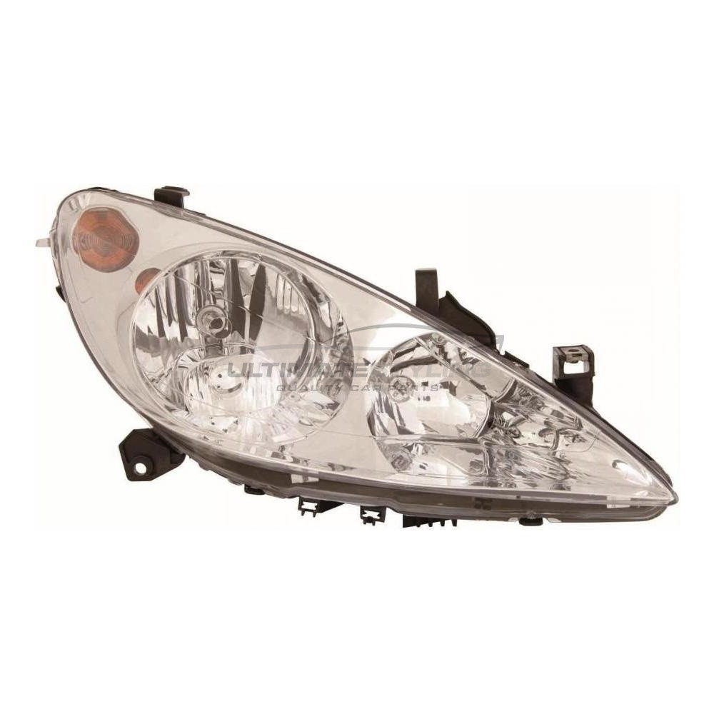 Peugeot 307 2001-2005 Halogen, Electric With Motor, Chrome Headlight / Headlamp (Non-Projector Type), Without Foglamp Drivers Side (RH)