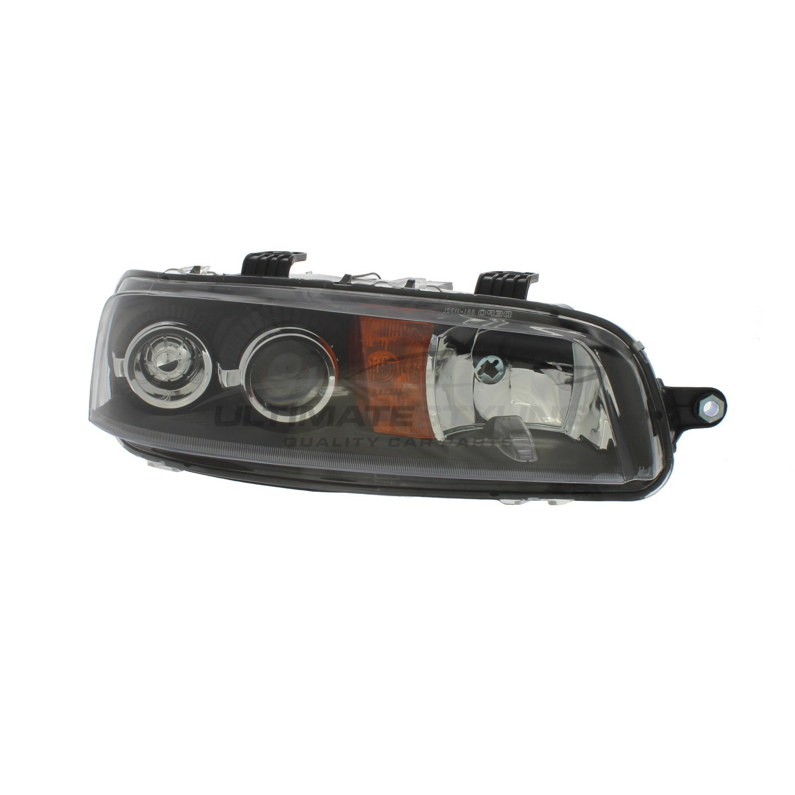 Fiat Punto 2001-2003 Halogen, Electric Without Motor, Black Headlight / Headlamp (Excludes Fog Lamp) Drivers Side (RH)