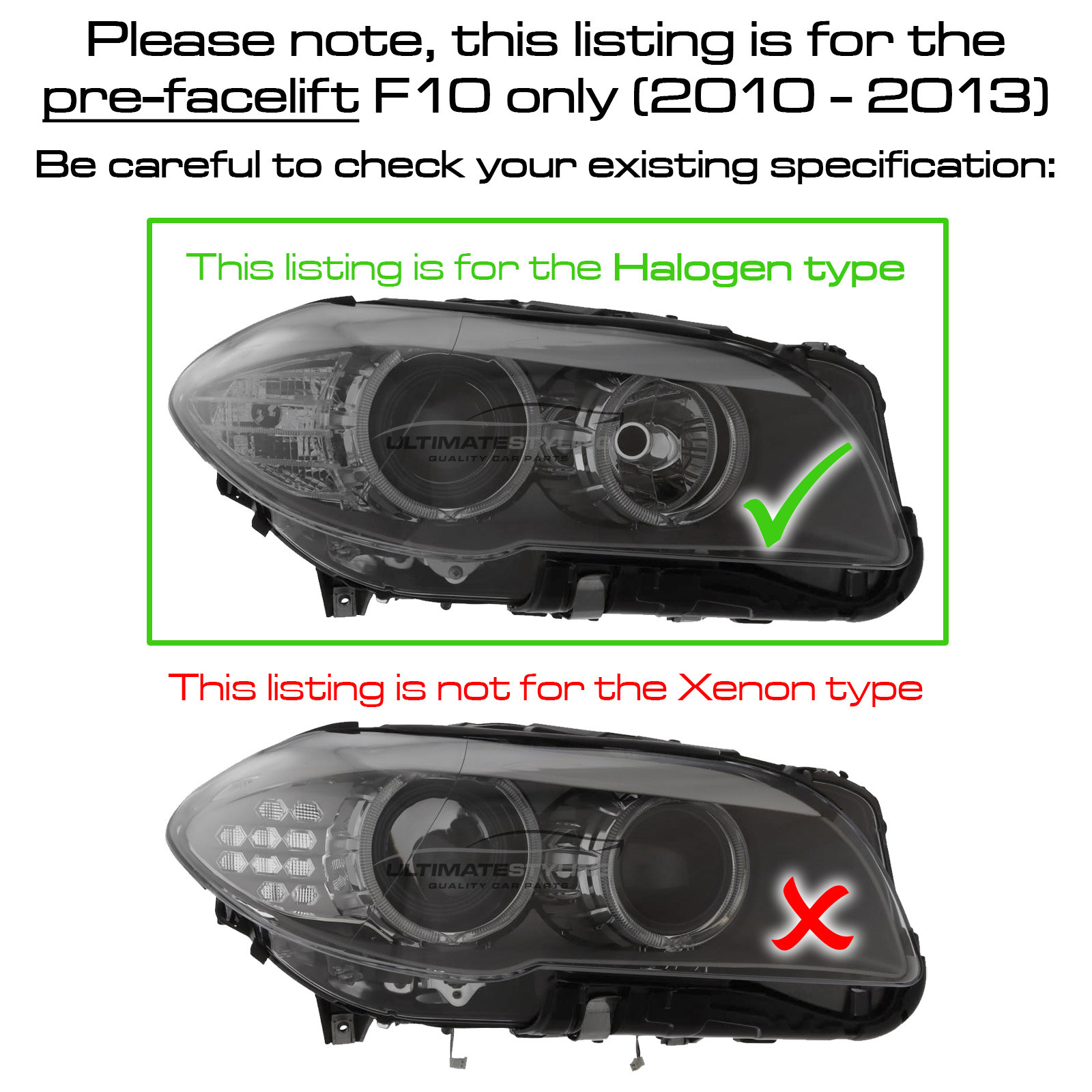 BMW 5 Series Headlight / Headlamp - Drivers Side (RH) - Halogen With LED Daytime Running Lamp