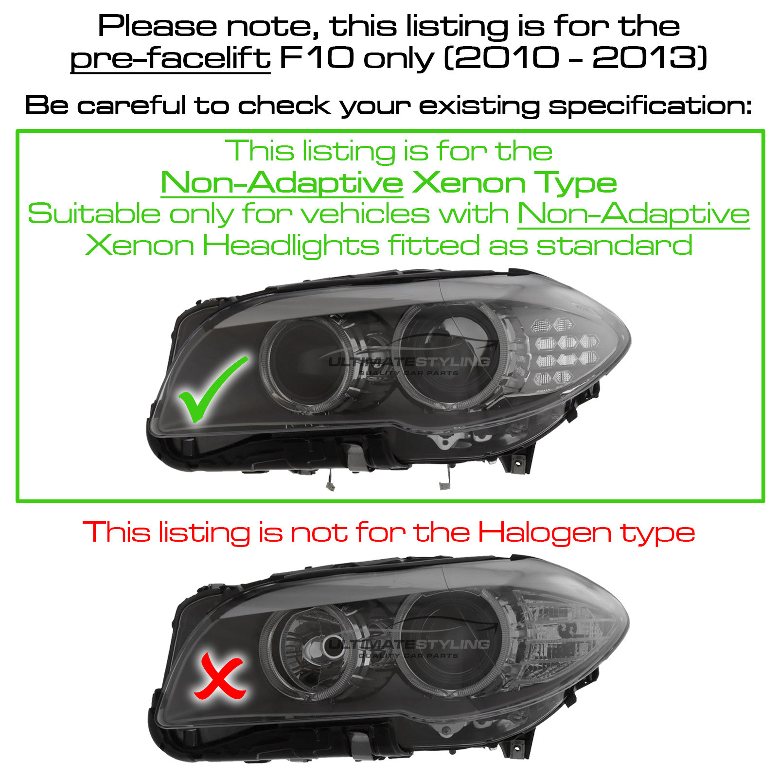 BMW 5 Series Headlight / Headlamp - Passenger Side (LH) - Xenon With LED Daytime Running Light - Excludes Adaptive (AFS) Cornering Lamp