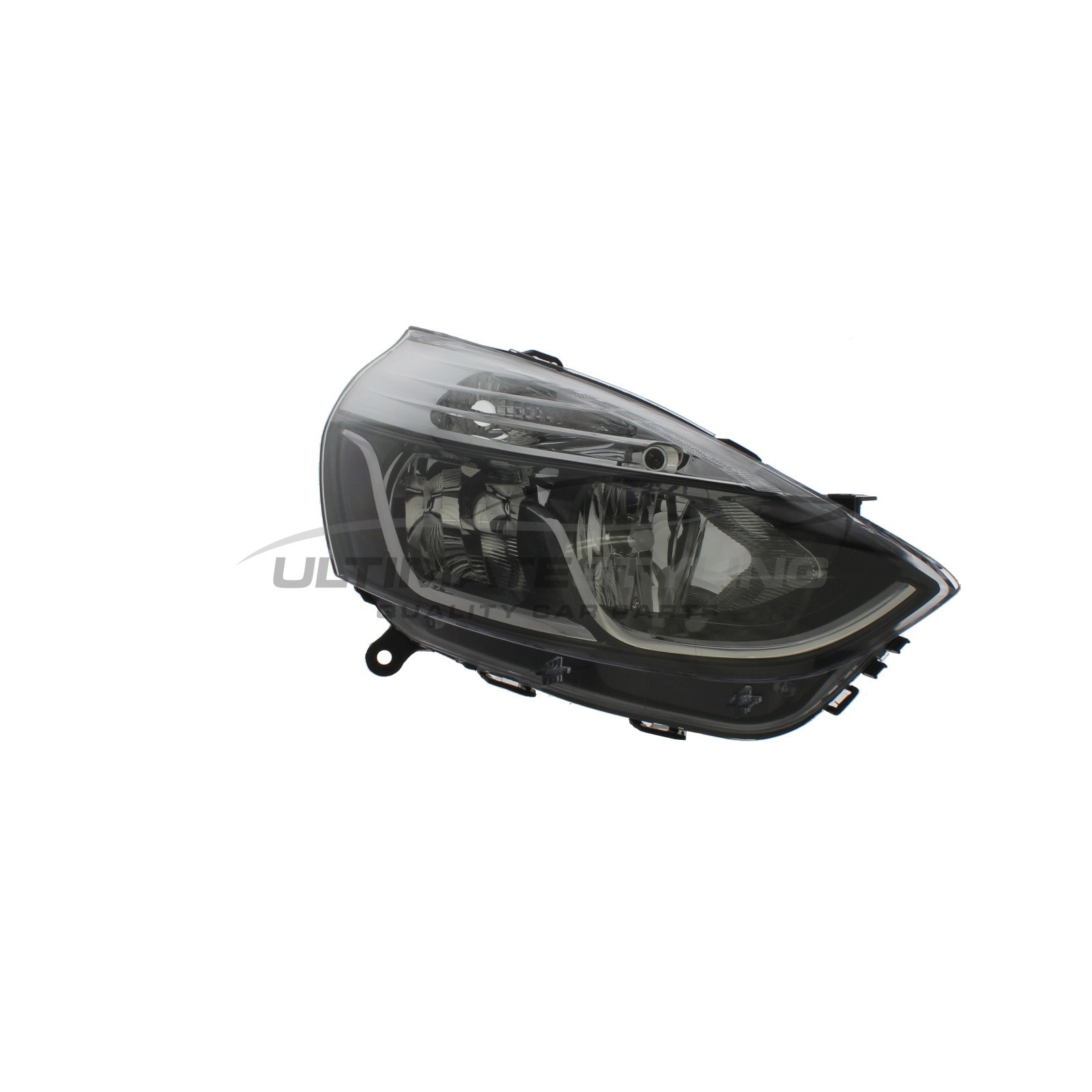 Renault Clio 2012-2016 Halogen, Electric With Motor, Black Headlight / Headlamp with Chrome Edging Drivers Side (RH)