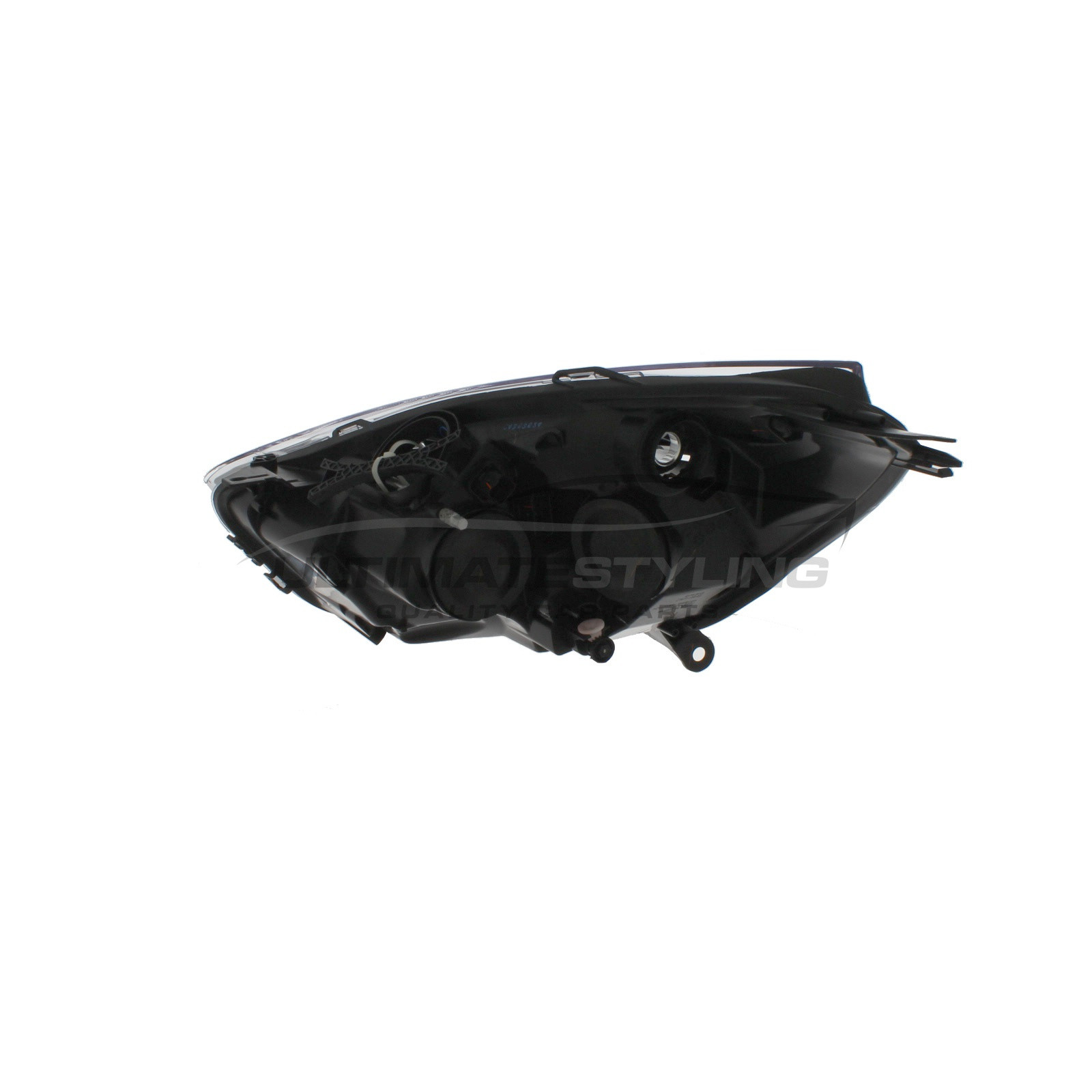 Renault Clio 2012-2016 Halogen, Electric With Motor, Black Headlight / Headlamp with Chrome Edging Drivers Side (RH)