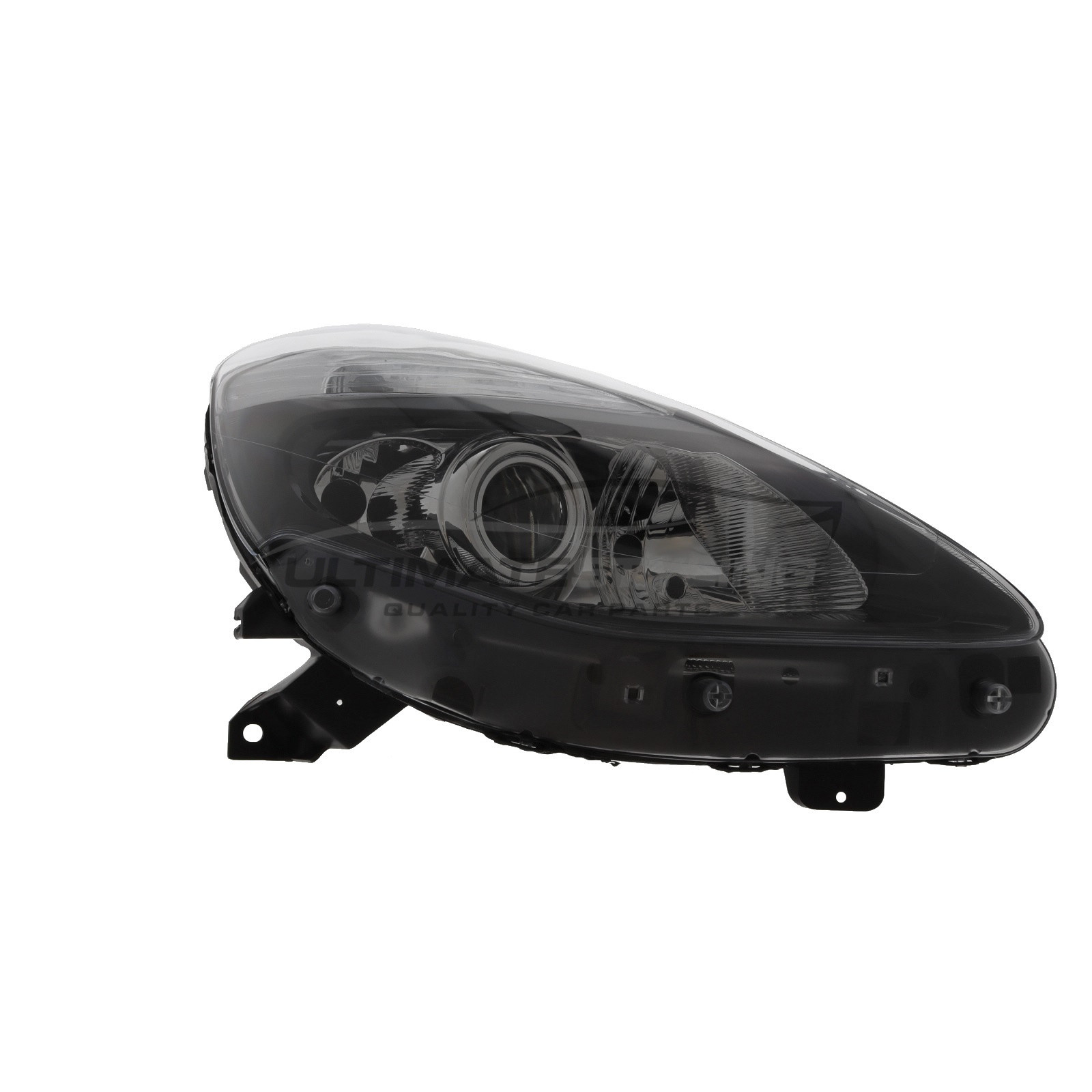 Renault Clio 2009-2011 Halogen, Electric Without Motor, Black Headlight / Headlamp (Projector Type with Adaptive Front Lighting) Drivers Side (RH)