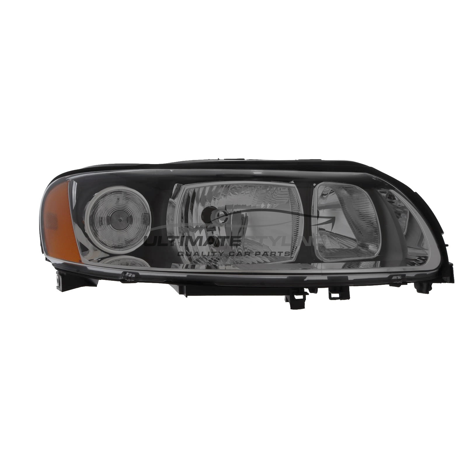 Volvo S60 2005-2010 Halogen, Electric / Manual Without Motor, Chrome Headlight / Headlamp with Black Surround Drivers Side (RH)