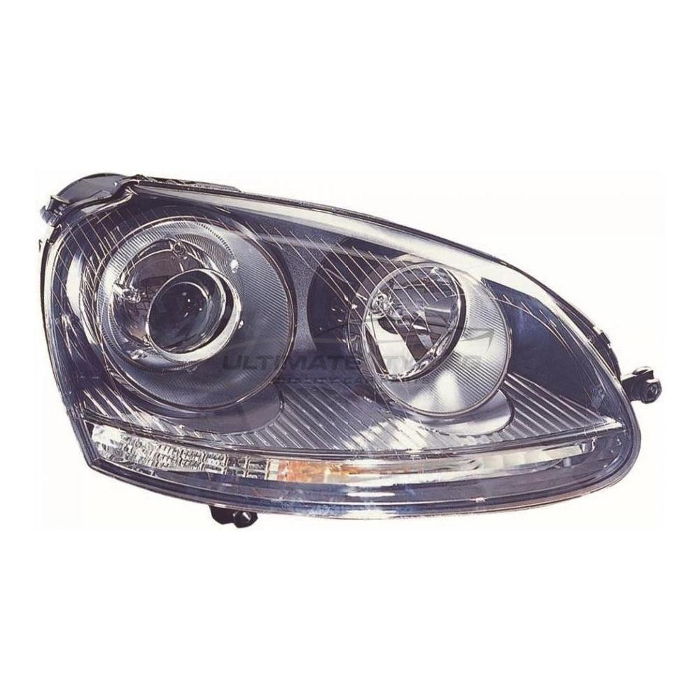 VW Golf GTi 2003-2009, Jetta GTi 2006-2011 Xenon, Electric With Motor, Black Headlight / Headlamp Drivers Side (RH)
