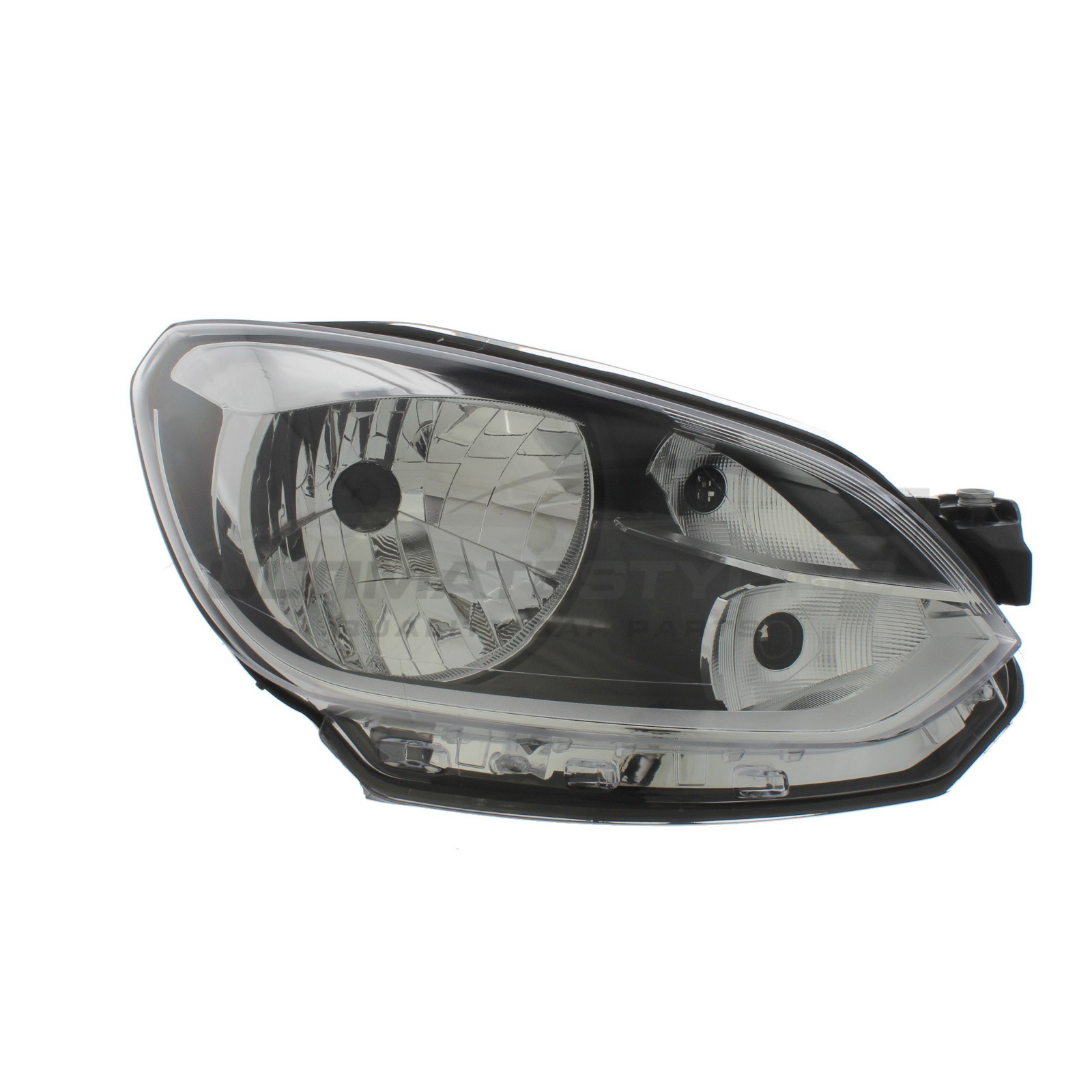 VW Up 2012-2016 Halogen, Electric Without Motor, Black Headlight / Headlamp with Chrome Surround Drivers Side (RH)