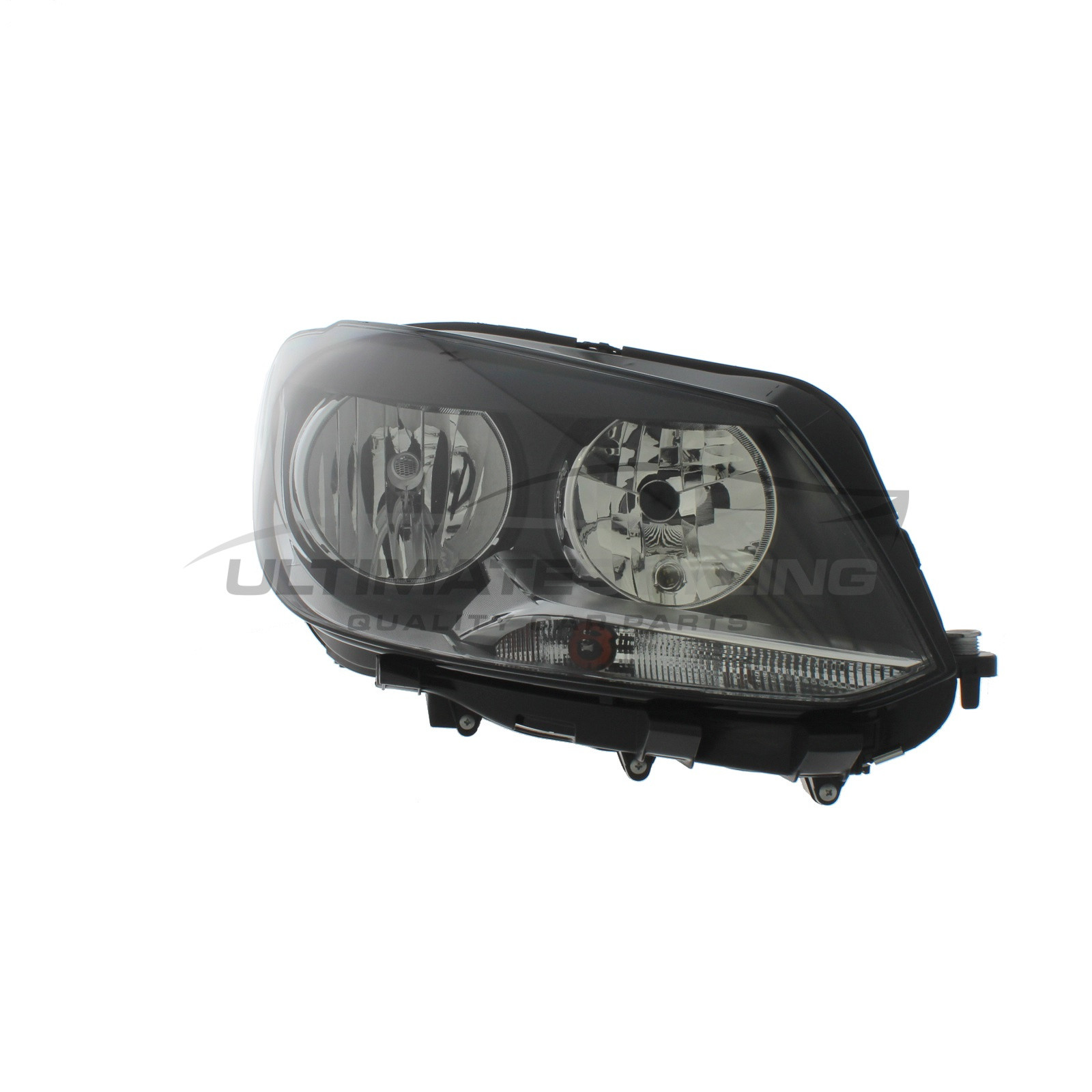 VW Caddy 2010-2015, Touran 2010-2015 Halogen, Electric With Motor, Black Headlight / Headlamp (Twin Reflector) Drivers Side (RH)