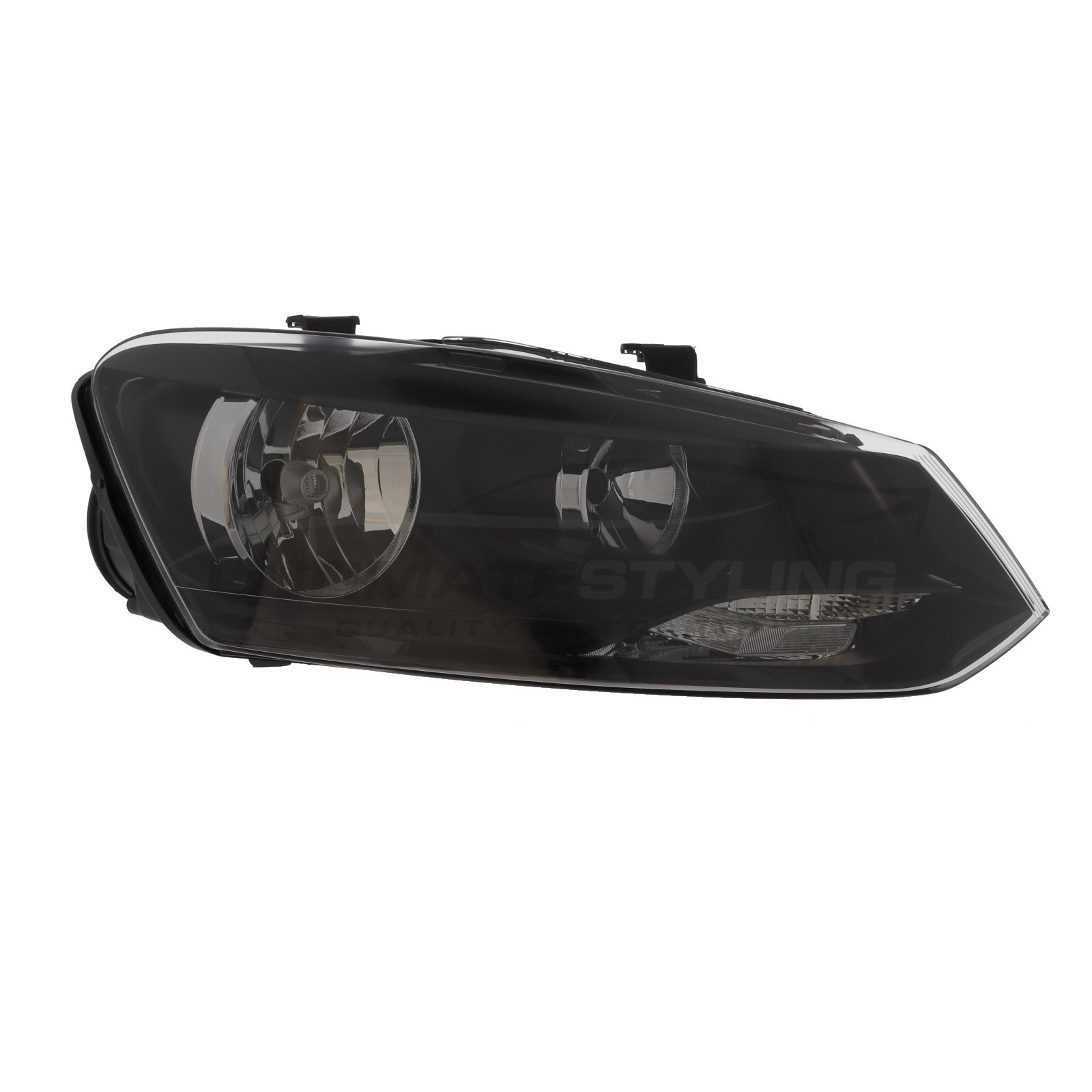 VW Polo 2009-2014 Halogen, Electric With Motor, Black Headlight / Headlamp Drivers Side (RH)