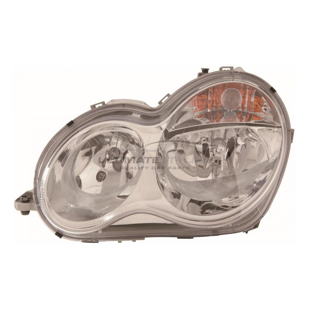 Mercedes Benz C Class 2002-2008 Halogen, Electric Without Motor, Chrome Headlight / Headlamp (Clear Lens) Passengers Side (LH)