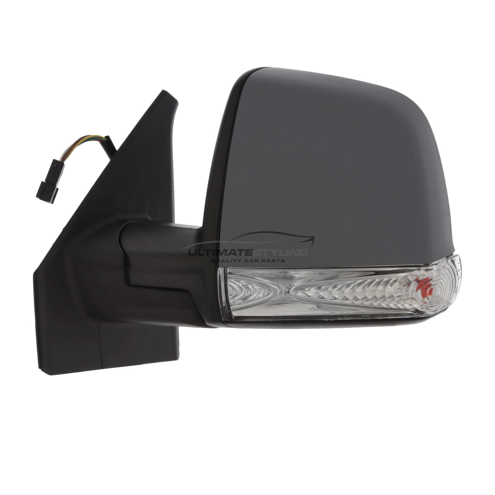 Fiat Doblo 2010-2015, Vauxhall Combo 2011-2018 Wing Door Mirror - Cable - Single Convex Glass - Clear Indicator - Black Cover - Passengers Side Nearside Left Hand