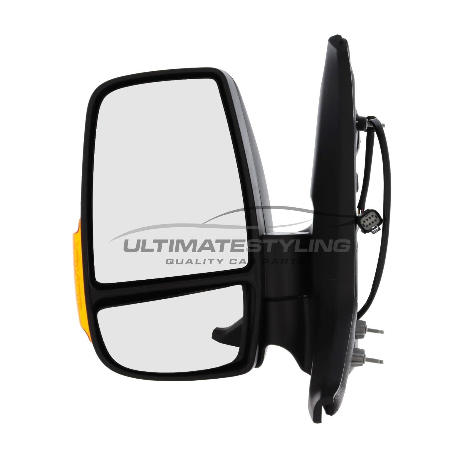 Ford Transit Mk8 V363 2014-2019 Short Arm Wing Door Mirror - Electric - Heated - Convex Glass - Amber Indicator - 16 Watt Bulb - Black Cover - 8 Hole 6 Pin Connector - Passengers Side Nearside Left Hand