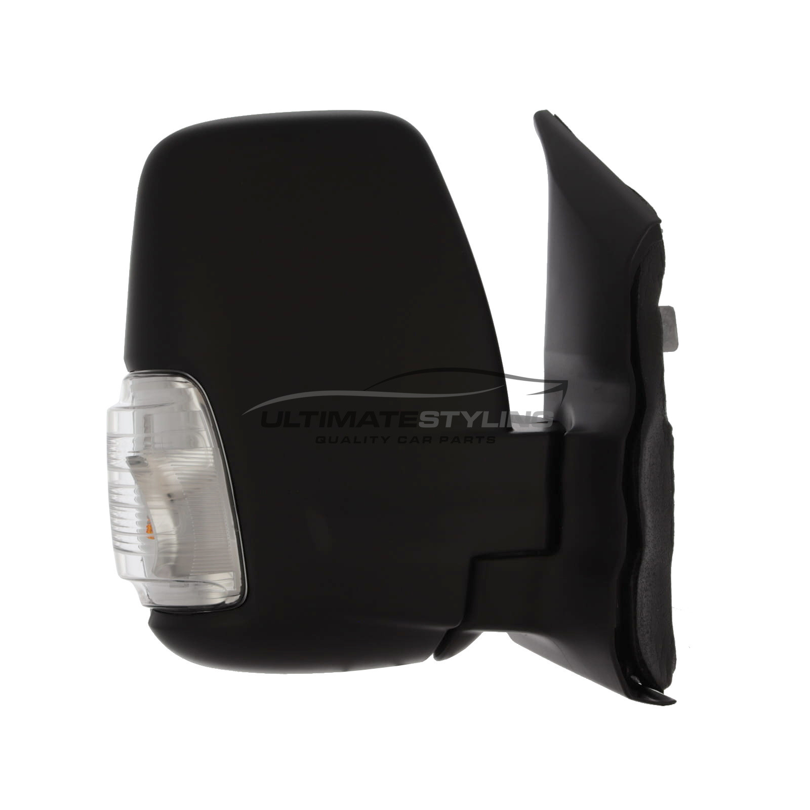 Ford Transit Mk8 V363 2019-2025 Short Arm Wing Door Mirror - Electric Power Folding - Heated - Convex Glass - Clear Indicator - 5 Watt Bulb - Black Cover - 12 Hole 8 Pin Connector - Drivers Side Offside Right Hand