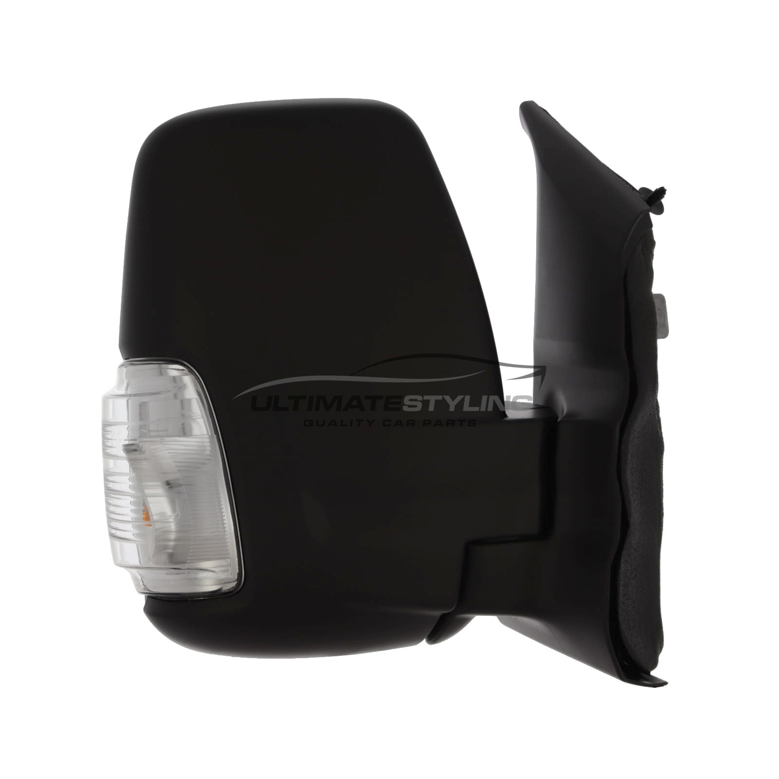 Ford Transit Mk8 V363 2019-2025 Short Arm Wing Door Mirror - Electric Power Folding - Heated - Convex Glass - Blind Spot Light - Clear Indicator - 5 Watt Bulb - Black Cover - 12 Hole 10 Pin Connector - Drivers Side Offside Right Hand
