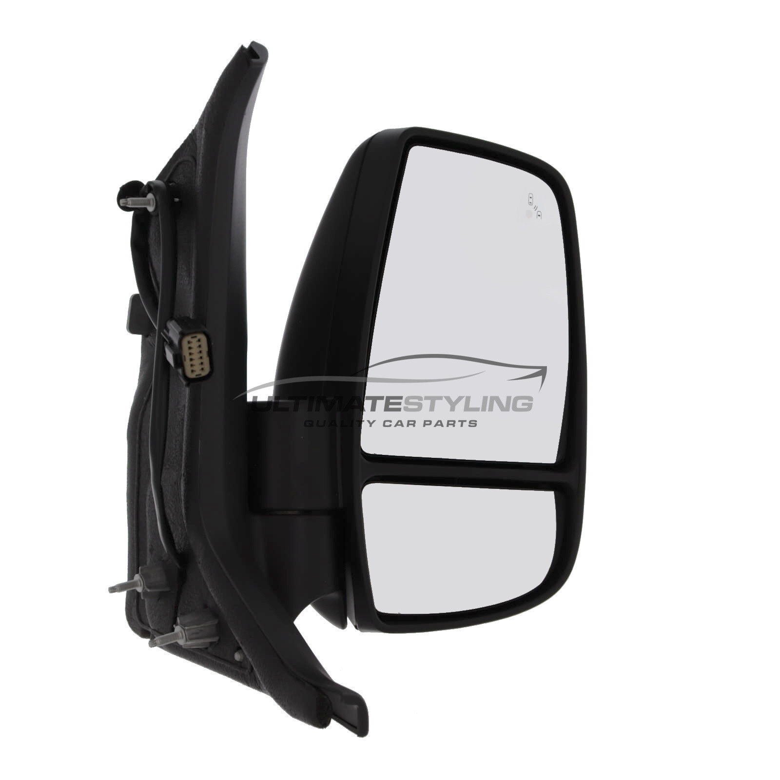 Ford Transit Mk8 V363 2019-2025 Short Arm Wing Door Mirror - Electric Power Folding - Heated - Convex Glass - Blind Spot Light - Clear Indicator - 5 Watt Bulb - Black Cover - 12 Hole 10 Pin Connector - Drivers Side Offside Right Hand