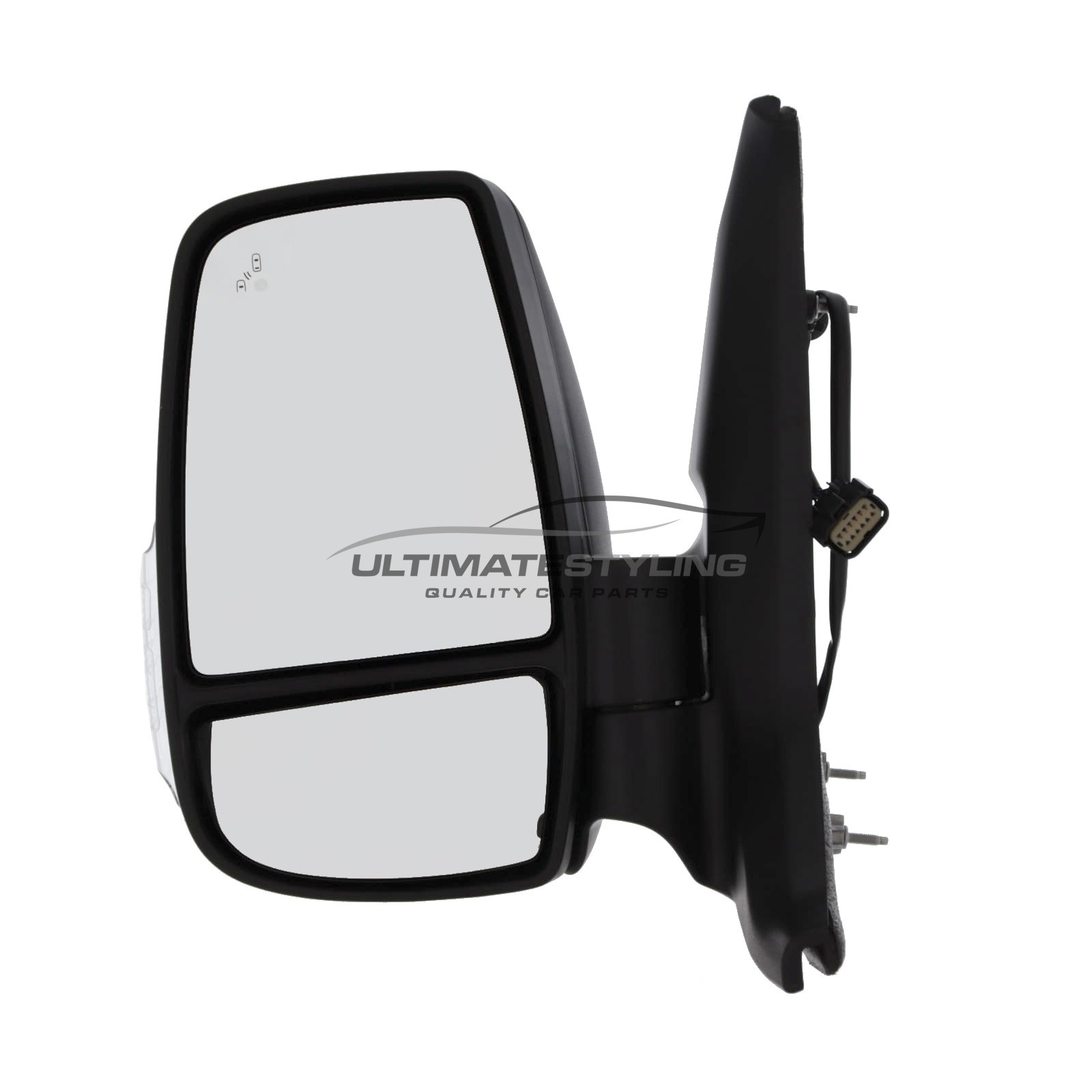 Ford Transit Mk8 V363 2019-2025 Short Arm Wing Door Mirror - Electric Power Folding - Heated - Convex Glass - Blind Spot Light - Clear Indicator - 16 Watt Bulb - Black Cover 12 Hole 10 Pin Connector - Passengers Side Nearside Left Hand