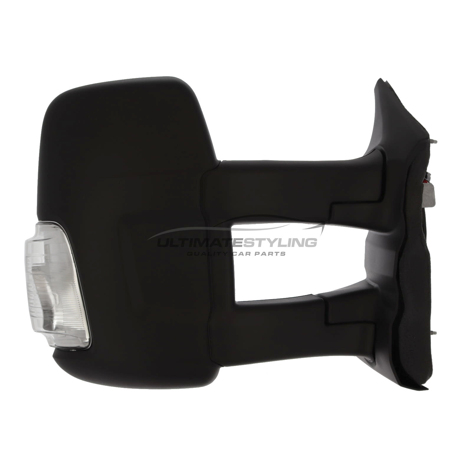 Ford Transit Mk8 V363 2019-2025 Long Arm Wing Door Mirror - Electric - Heated - Convex Glass - Clear Indicator - 5 Watt Bulb - Black Cover - Drivers Side Offside Right Hand