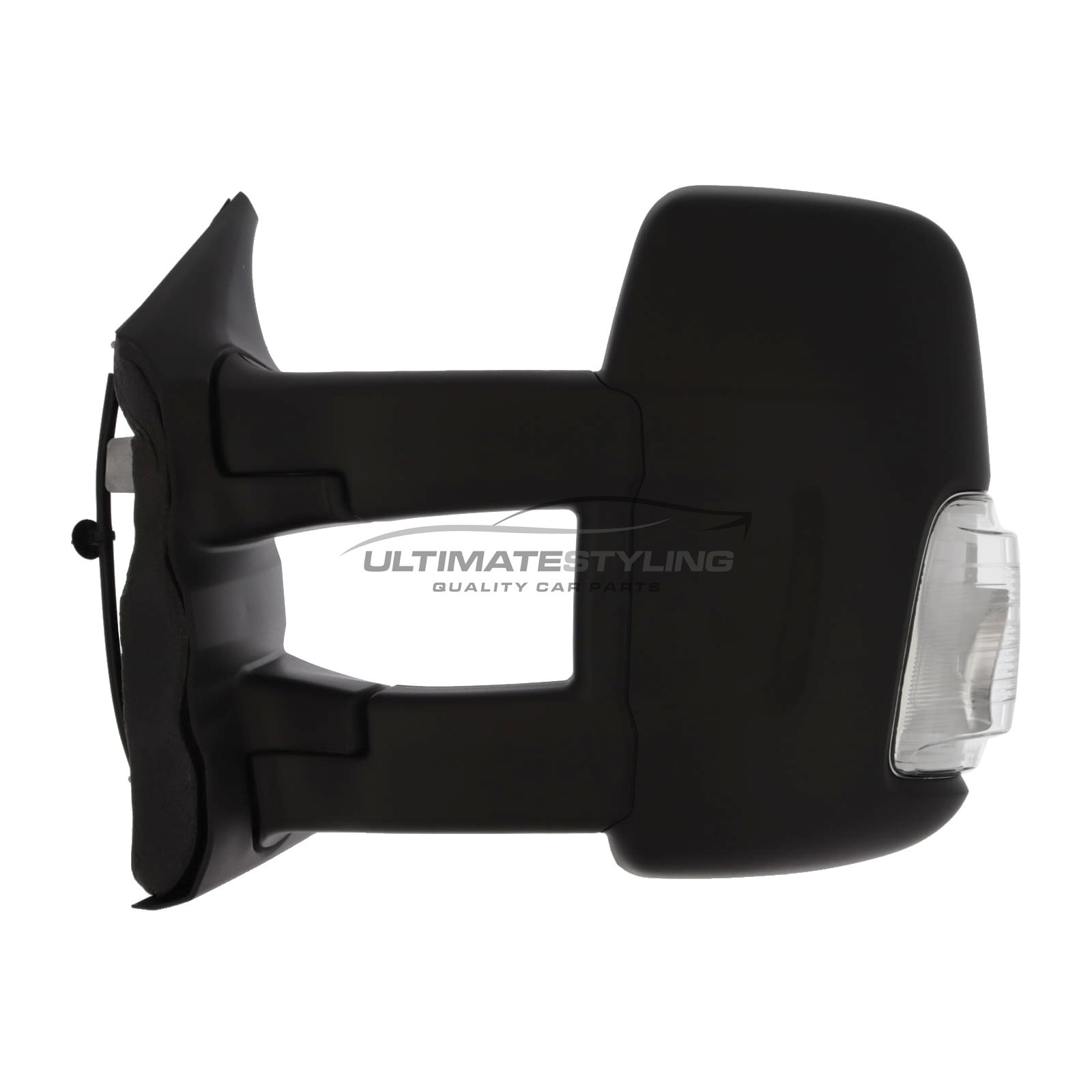 Ford Transit Mk8 V363 2019-2025 Long Arm Wing Door Mirror - Electric - Heated - Convex Glass - Clear Indicator - 5 Watt Bulb - Black Cover - Passengers Side Nearside Left Hand
