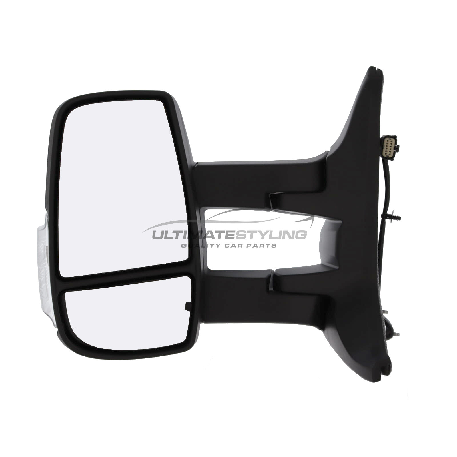 Ford Transit Mk8 V363 2019-2025 Long Arm Wing Door Mirror - Electric - Heated - Convex Glass - Clear Indicator - 5 Watt Bulb - Black Cover - Passengers Side Nearside Left Hand