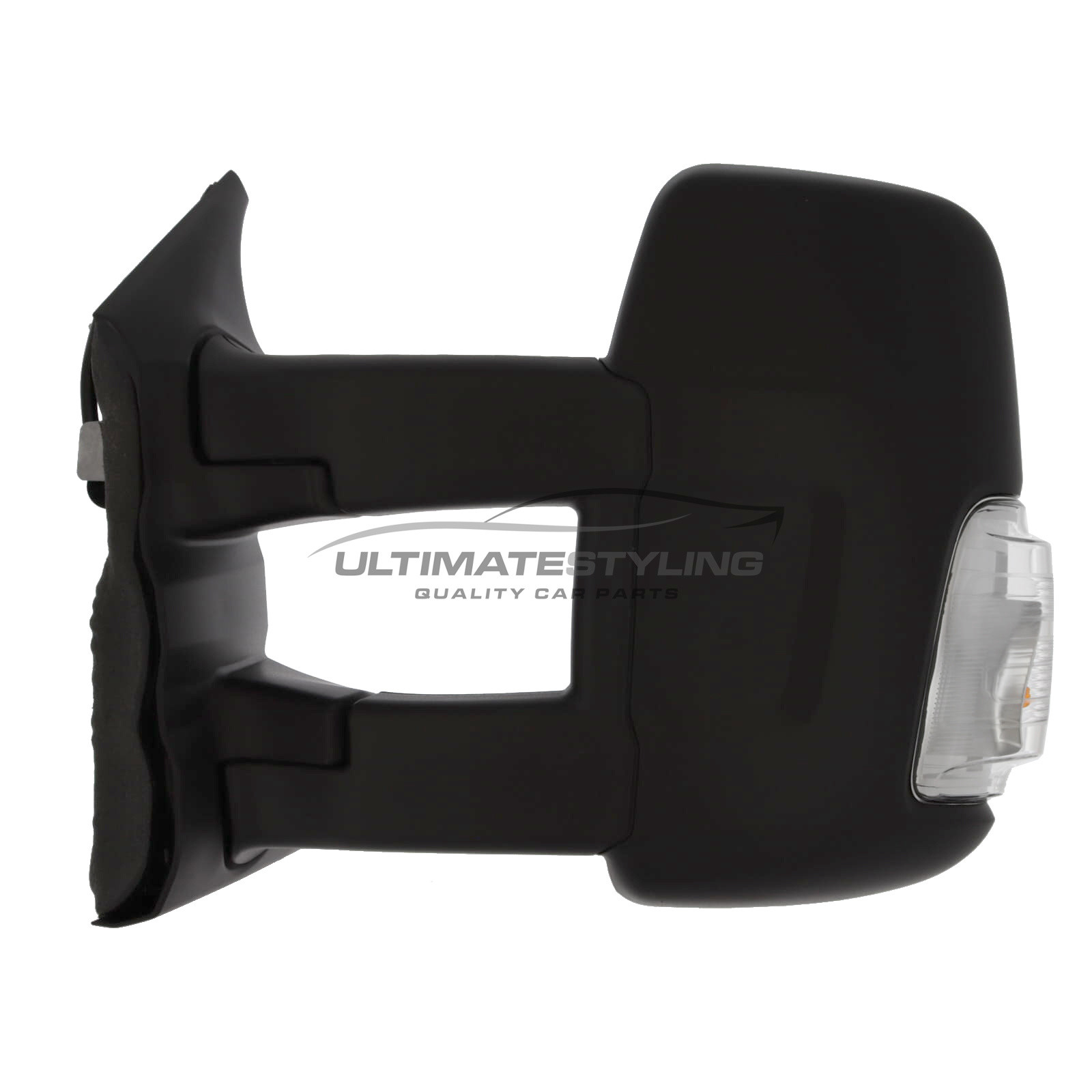 Ford Transit Mk8 V363 2019-2025 Long Arm Wing Door Mirror - Electric - Heated - Convex Glass - Clear Indicator - 16 Watt Bulb - Black Cover - Passengers Side Nearside Left Hand