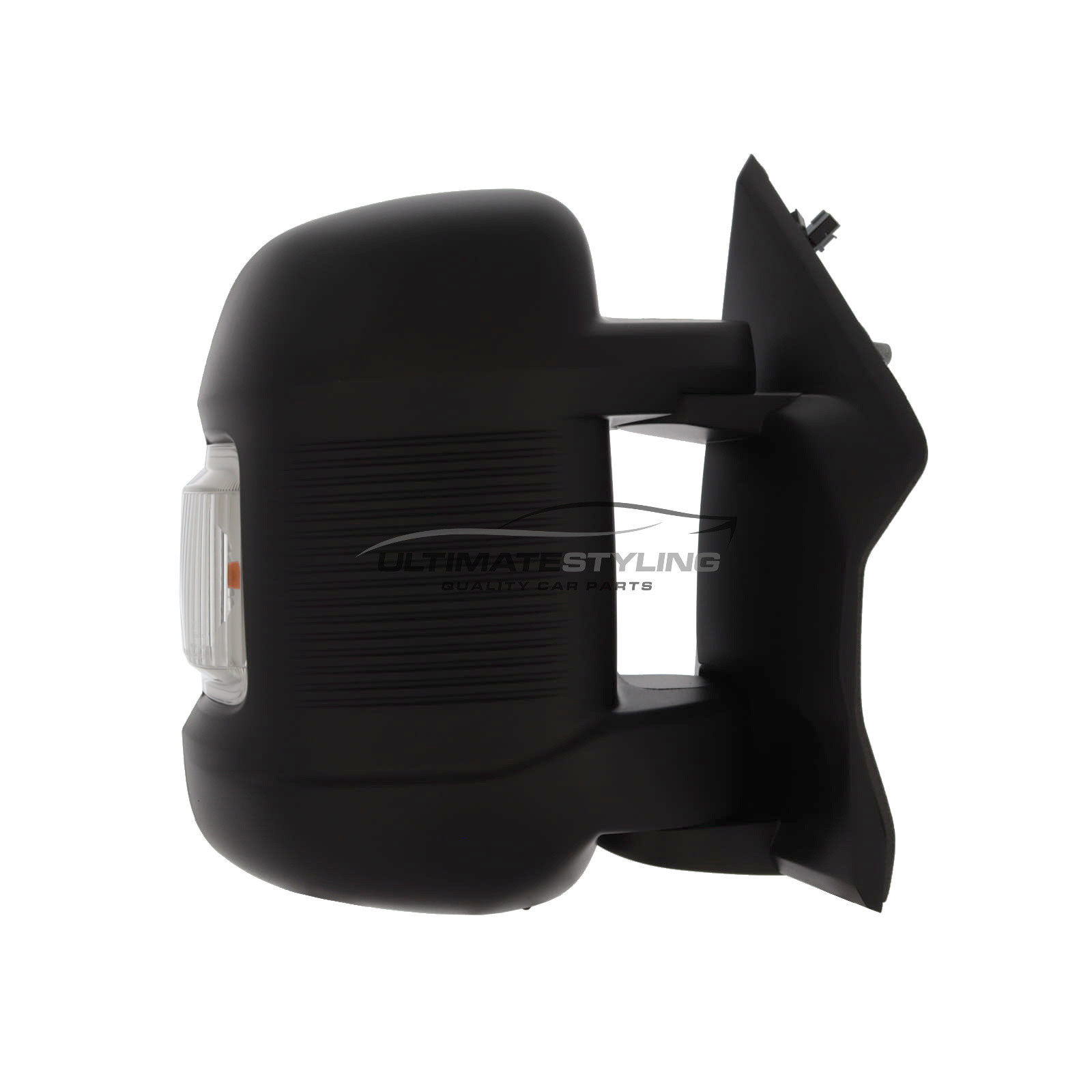 Citroen Relay, Fiat Ducato, Peugeot Boxer, Toyota Proace Max, Vauxhall Movano 2024-> Short Arm Wing Door Mirror - Electric Power Folding - Heated - Convex - Twin Glass - Clear Indicator - 16 Watt Bulb - Temperature Sensor - Ribbed Black Cover - Drivers Side Offside Right Hand