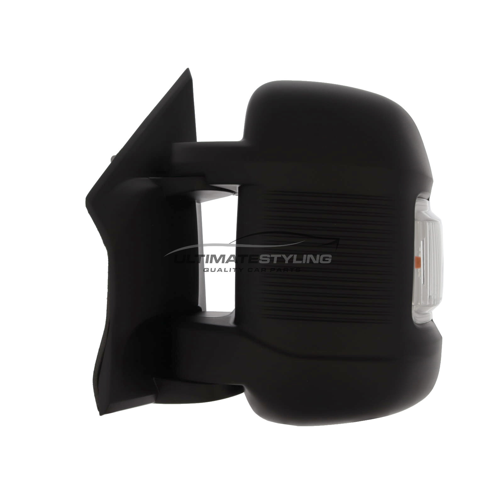 Citroen Relay, Fiat Ducato, Peugeot Boxer, Toyota Proace Max, Vauxhall Movano 2024-> Short Arm Wing Door Mirror - Electric Power Folding - Heated - Convex - Twin Glass - Clear Indicator - 16 Watt Bulb - Ribbed Black Cover - Passengers Side Left Hand