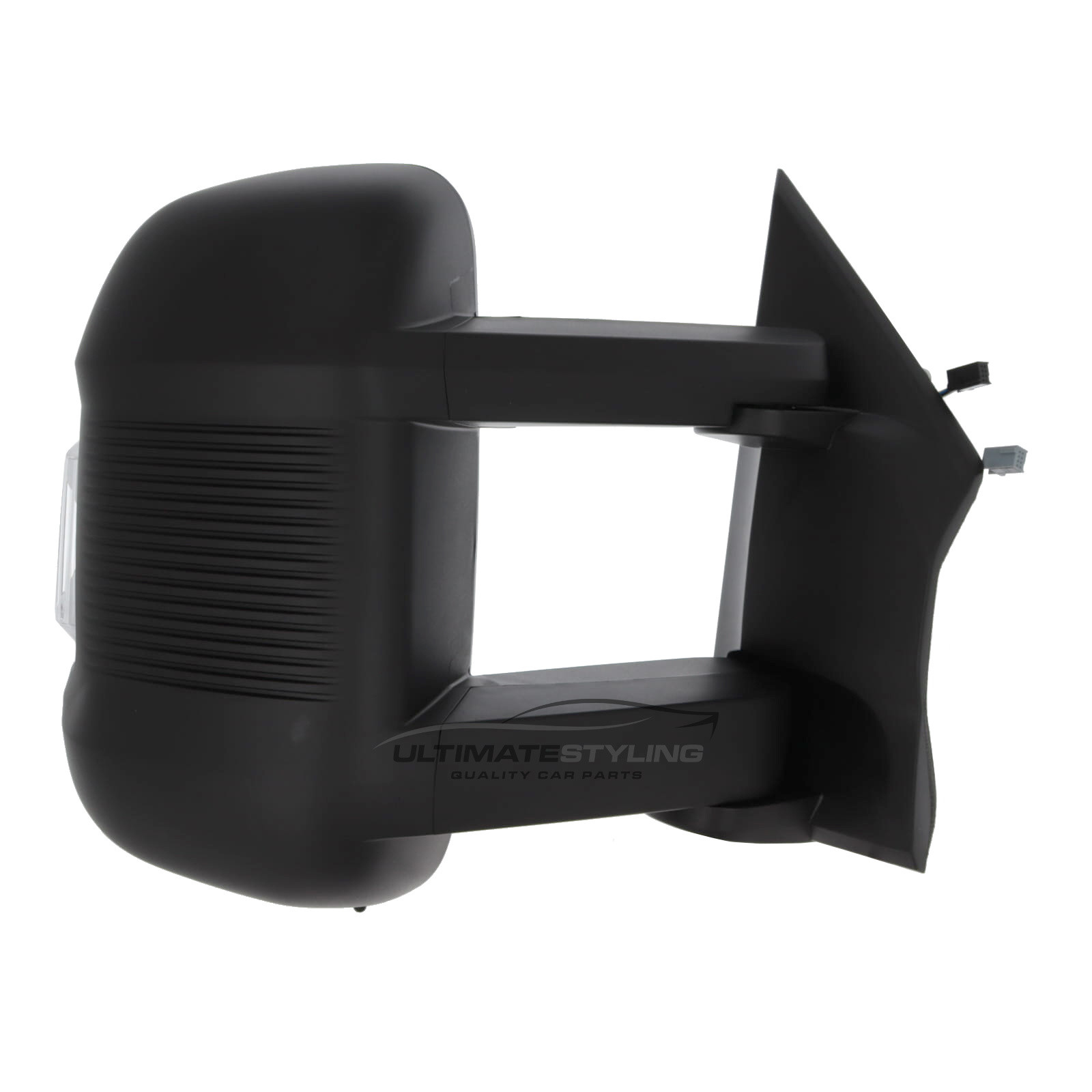 Citroen Relay, Fiat Ducato, Peugeot Boxer, Toyota Proace Max, Vauxhall Movano Long Arm Wing Door Mirror - Electric - Heated - Convex - Glass - Clear Indicator 16 Watt Bulb - Temperature Sensor - Black Textured Ribbed Cover - Drivers Side Offside