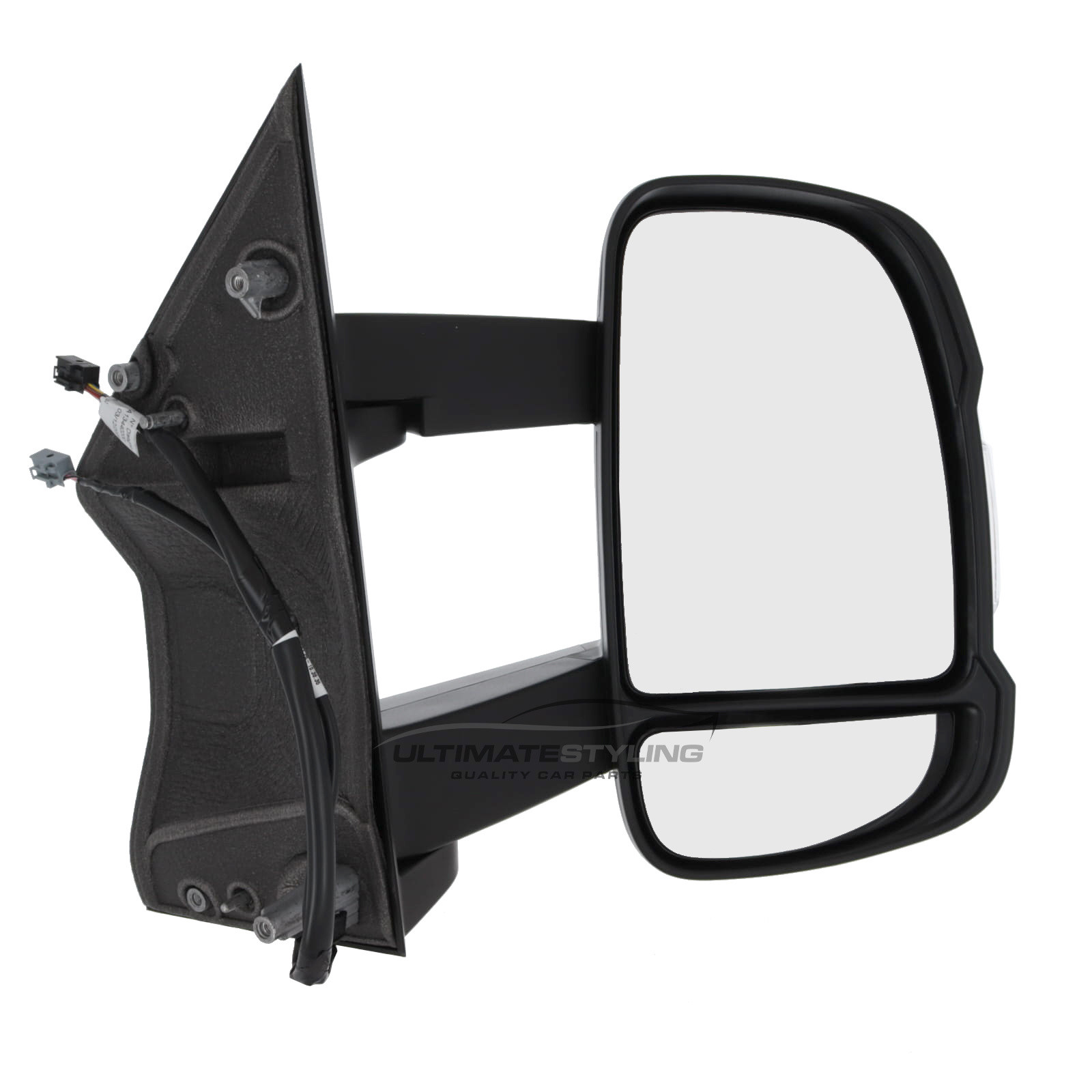 Citroen Relay, Fiat Ducato, Peugeot Boxer, Toyota Proace Max, Vauxhall Movano Long Arm Wing Door Mirror - Electric - Heated - Convex - Glass - Clear Indicator 16 Watt Bulb - Temperature Sensor - Black Textured Ribbed Cover - Drivers Side Offside