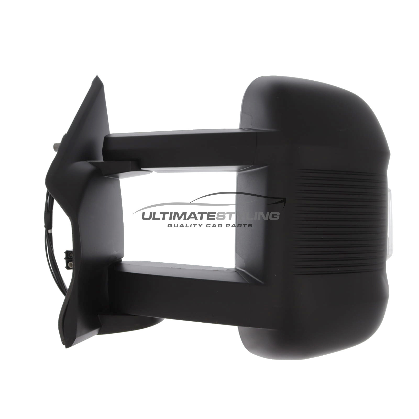 Citroen Relay, Fiat Ducato, Peugeot Boxer, Toyota Proace Max, Vauxhall Movano Long Arm Wing Door Mirror - Electric - Heated - Convex - Glass - Clear Indicator 16 Watt Bulb - Black Textured Ribbed Cover - Passengers Side Nearside Left Hand