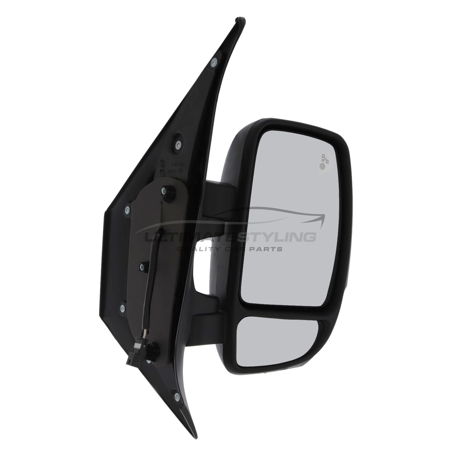 Nissan Interstar / NV400, Renault Master, Vauxhall Movano Short Arm Wing Door Mirror - Electric - Heated - Convex Glass - Blind Spot Indicator - Clear Indicator - 16 Watt Bulb - Temperature Sensor - Black Cover - Drivers Side Offside Right Hand