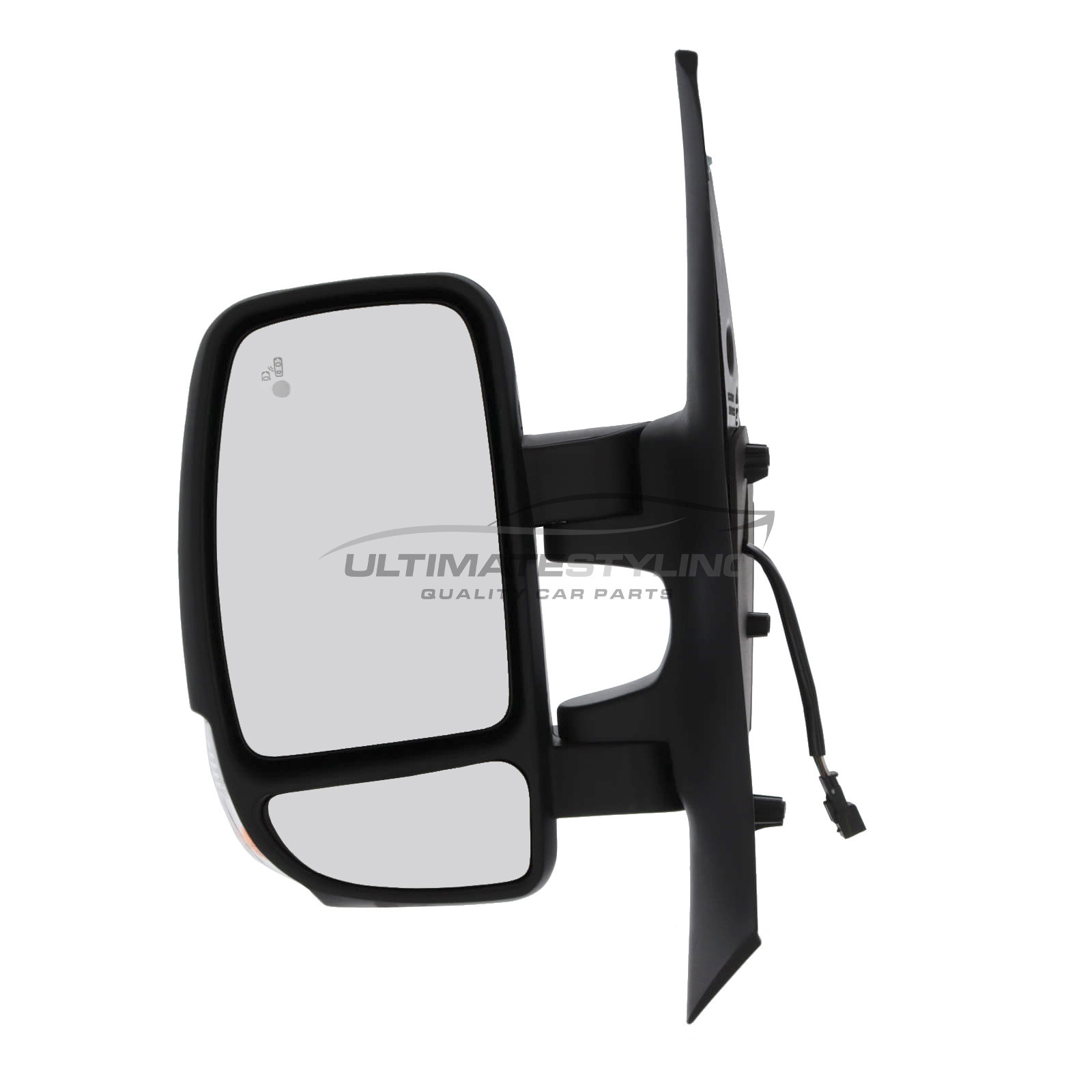 Nissan Interstar / NV400, Renault Master, Vauxhall Movano Short Arm Wing Door Mirror - Electric - Heated - Convex Glass - Blind Spot Indicator - Clear Indicator - 16 Watt Bulb - Black Cover - Passengers Side Nearside Left Hand