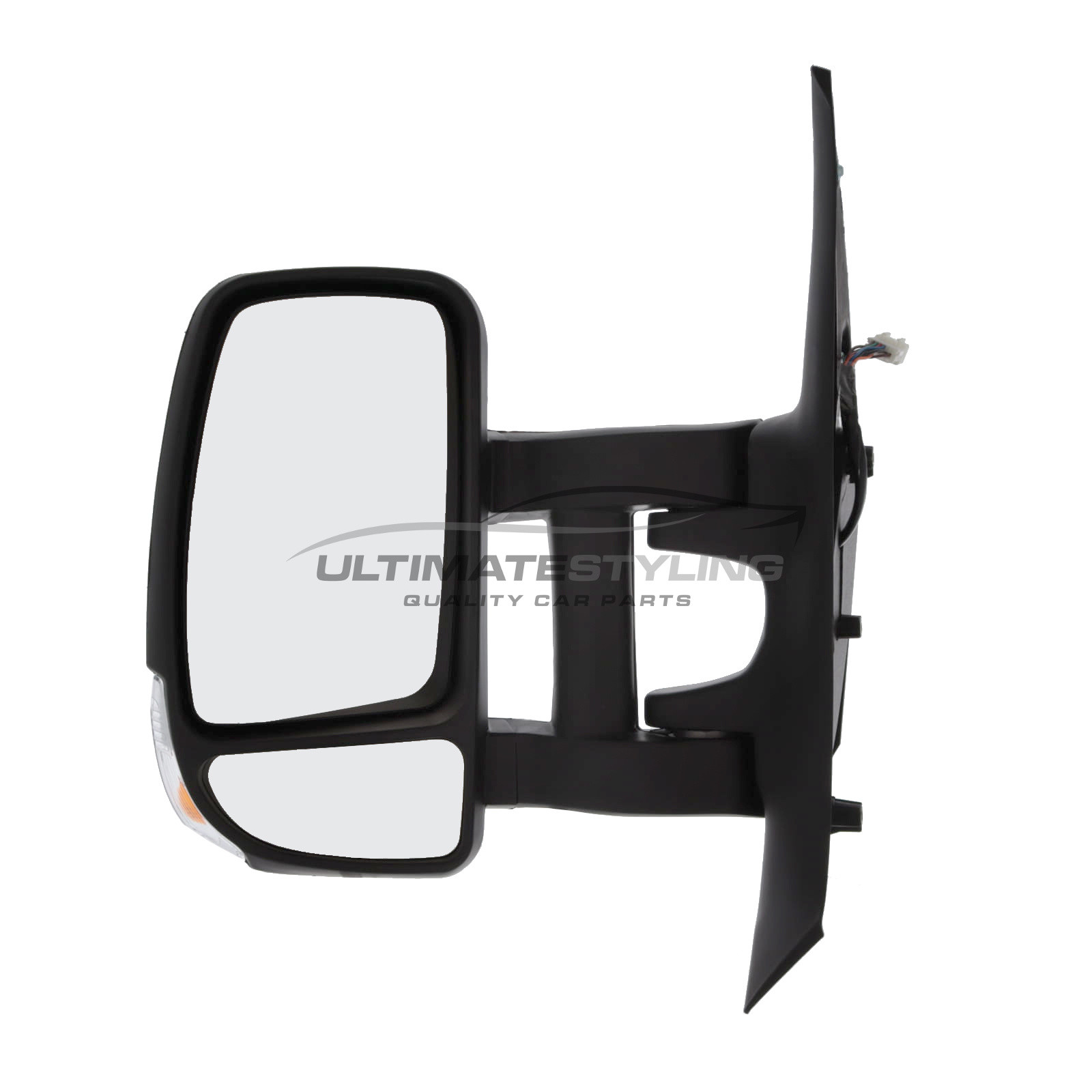 Nissan Interstar / NV400, Renault Master, Vauxhall Movano Long Arm Wing Door Mirror - Electric - Heated - Convex Glass - Clear Indicator - 5 Watt Bulb - Black Cover - Passengers Side Nearside Left Hand
