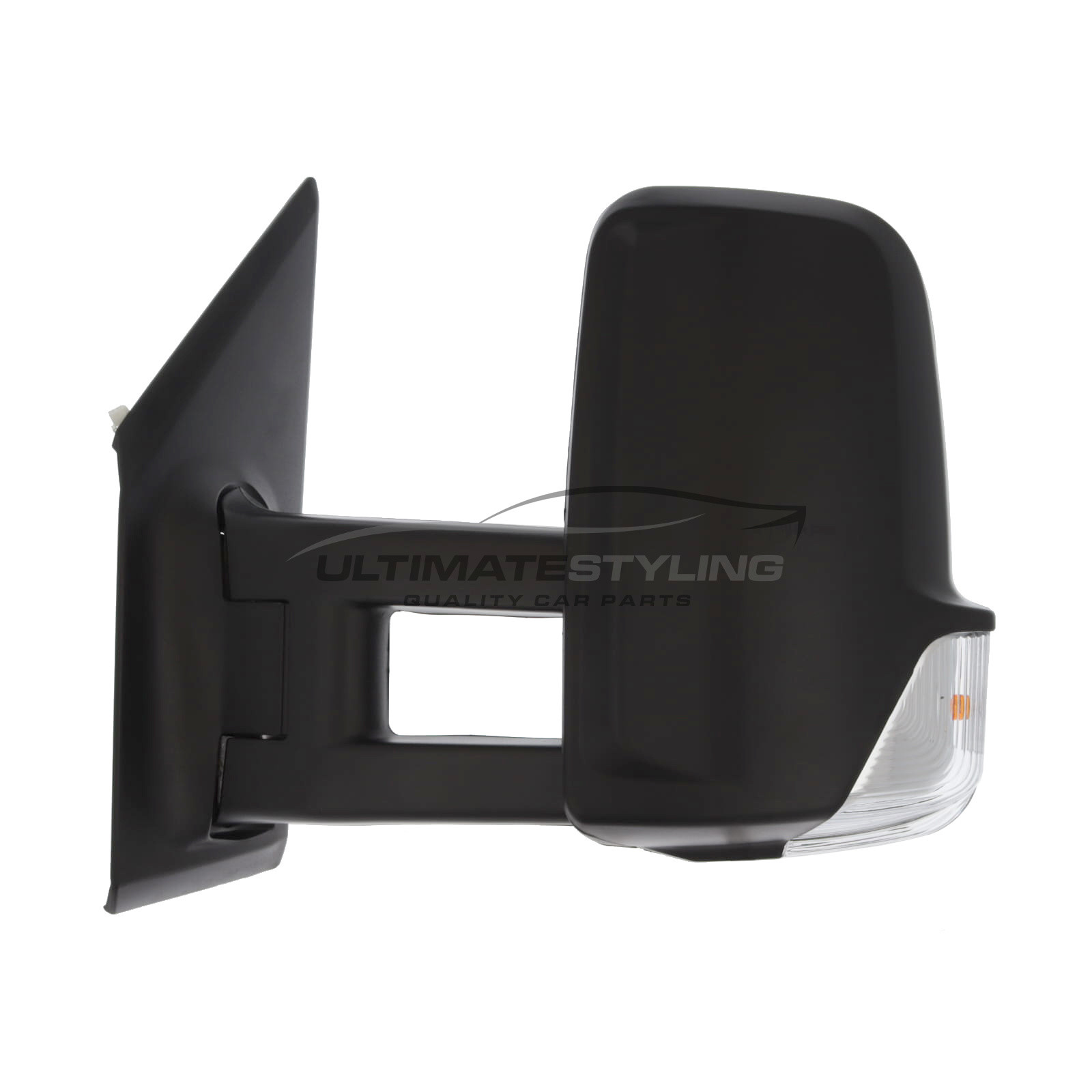 Mercedes Benz Sprinter 2018-2025 Long Arm Wing Door Mirror - Electric - Heated - Convex Glass - Clear Indicator - Black Cover - Passengers Side Nearside Left Hand