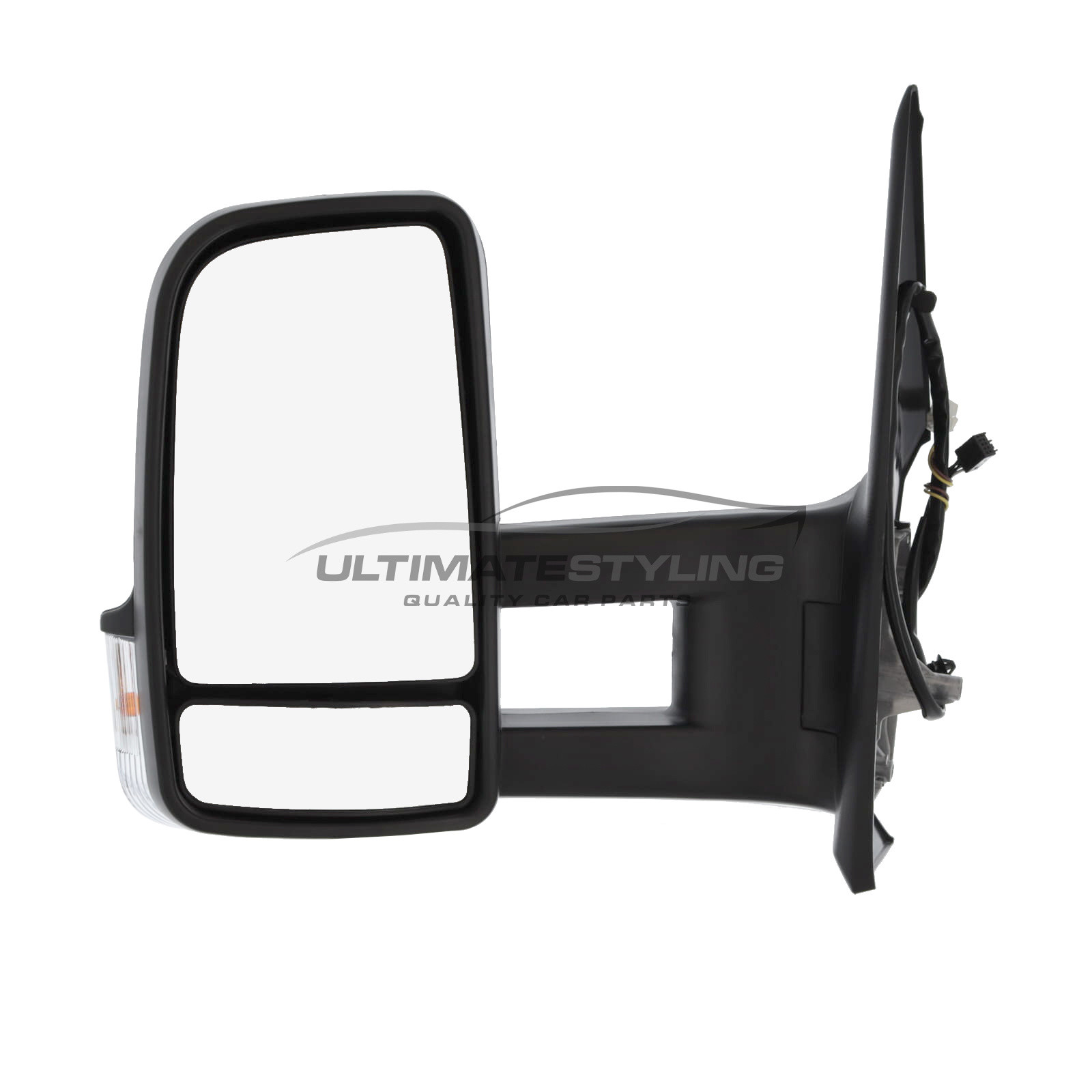 Mercedes Benz Sprinter 2018-2025 Long Arm Wing Door Mirror - Electric - Heated - Convex Glass - Clear Indicator - Black Cover - Passengers Side Nearside Left Hand