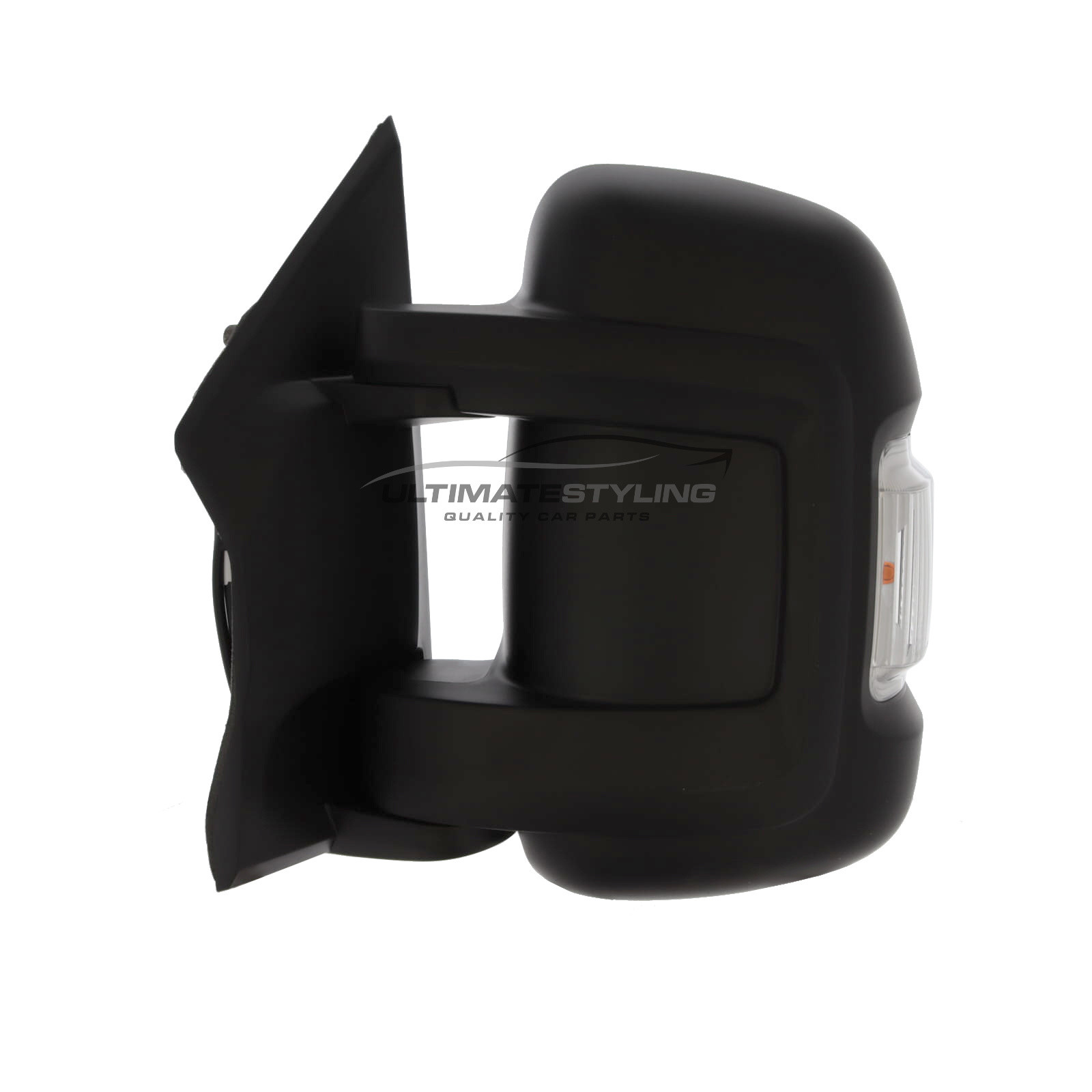 Citroen Relay, Fiat Ducato, Peugeot Boxer, Vauxhall Movano Short Arm Wing Door Mirror - Electric - Heated - Convex Glass - Blind Spot Indicator - Clear Indicator - 16 Watt Bulb - Black Cover - Passengers Side Nearside Left Hand