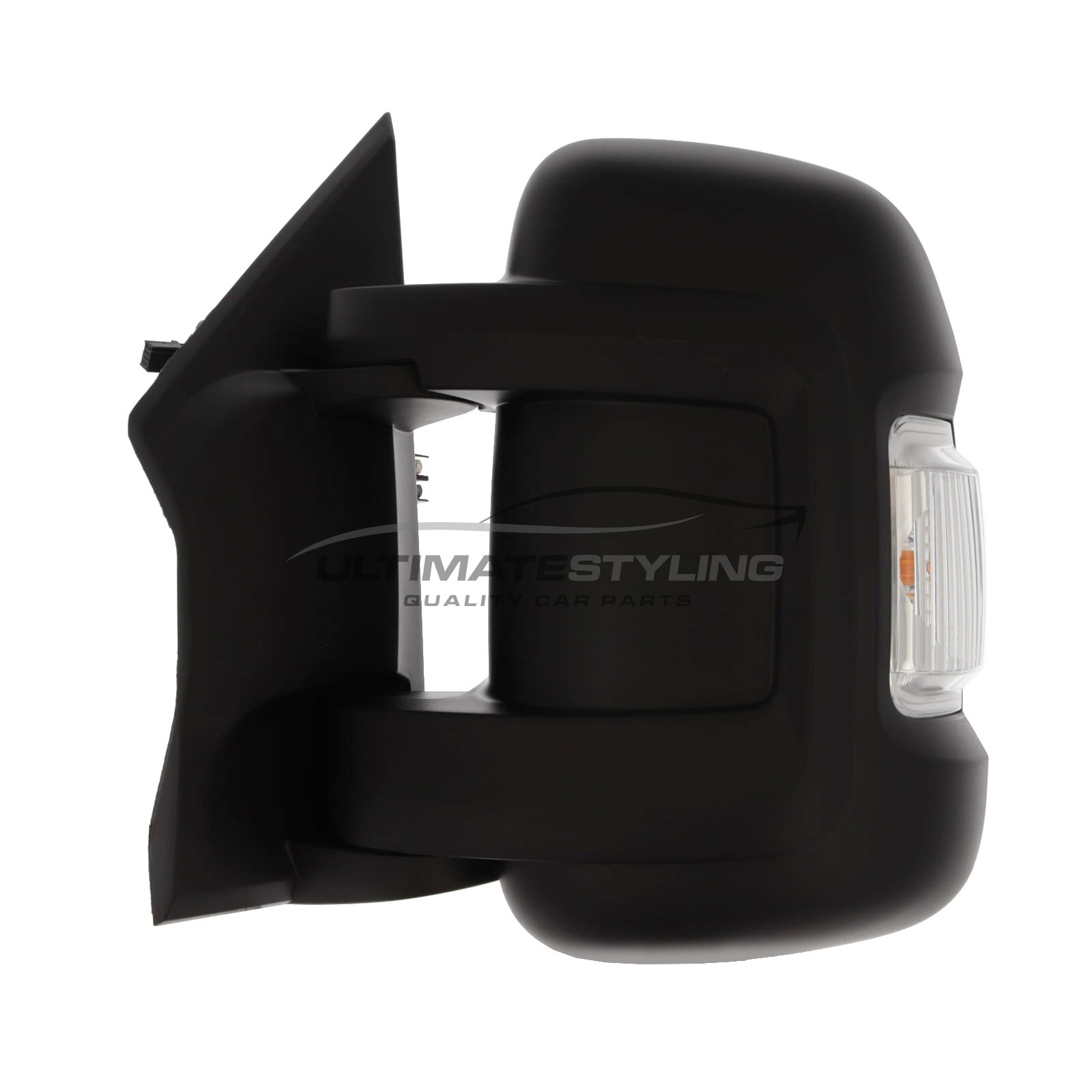 Citroen Relay 2014-2024, Fiat Ducato 2014-2022, Peugeot Boxer 2014-2022, Vauxhall Movano 2021-2025 Short Arm Wing Door Mirror - Electric - Heated - Convex Glass - DAB Aerial - Clear Indicator - Black Cover - Passengers Side Nearside Left Hand