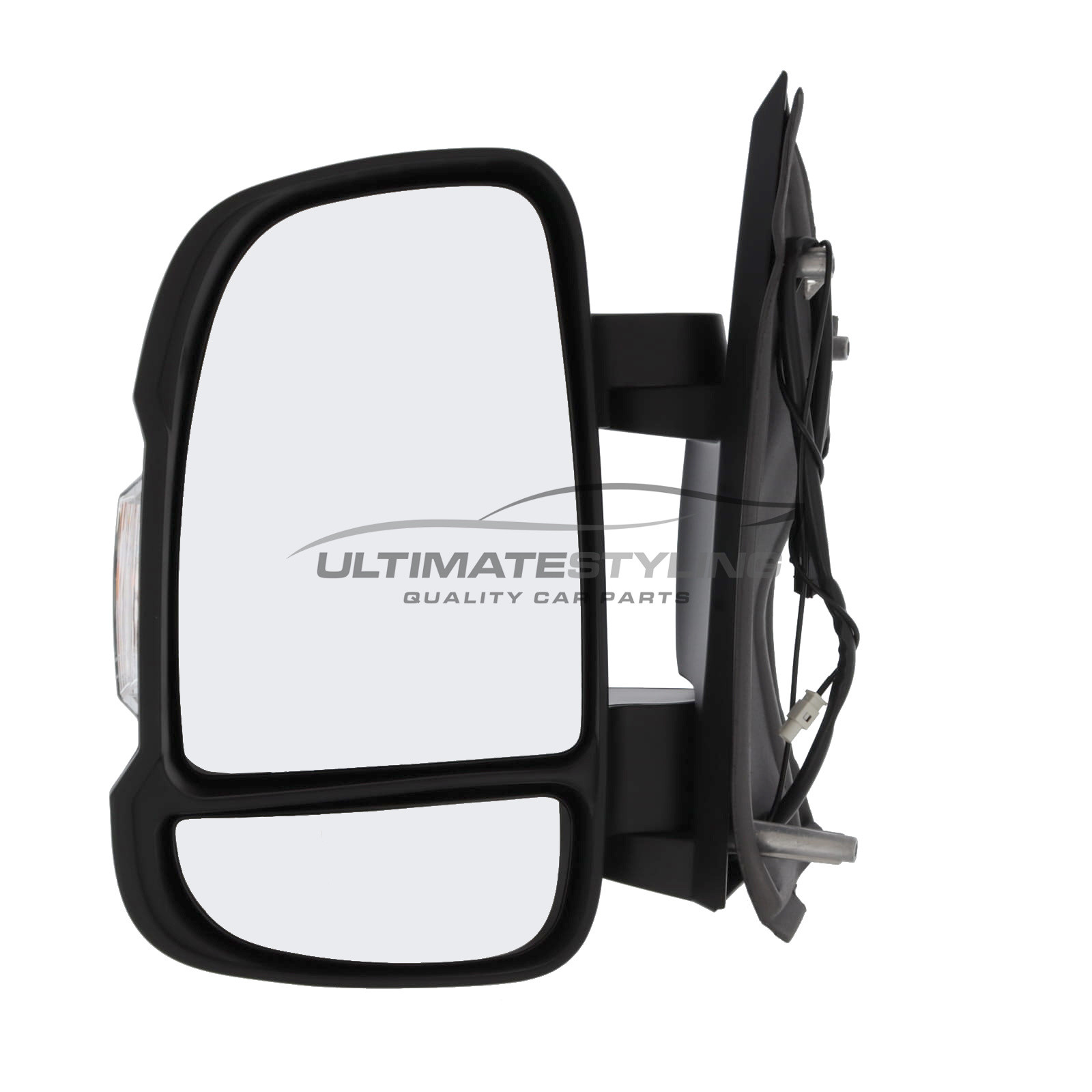 Citroen Relay 2011-2024, Fiat Ducato 2011-2022, Peugeot Boxer 2011-2022, Vauxhall Movano 2021-2025 Short Arm Wing Door Mirror - Electric - Heated - Convex Glass - AM/FM Aerial - Clear Indicator - Black Cover - Passengers Side Nearside Left Hand