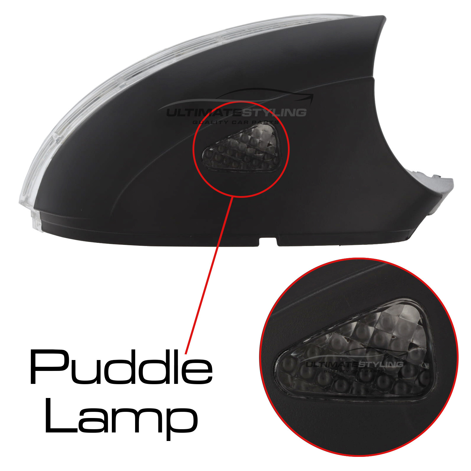 VW Beetle 2012-2018, VW CC 2011-2017, VW Eos 2009-2015, VW Jetta 2011-2018, VW Passat 2008-2015, VW Scirocco 2008-2018 Clear LED Mirror Indicator To Suit Mirror With or Without Puddle Lamp - Includes Plastic Base Drivers Side (RH)