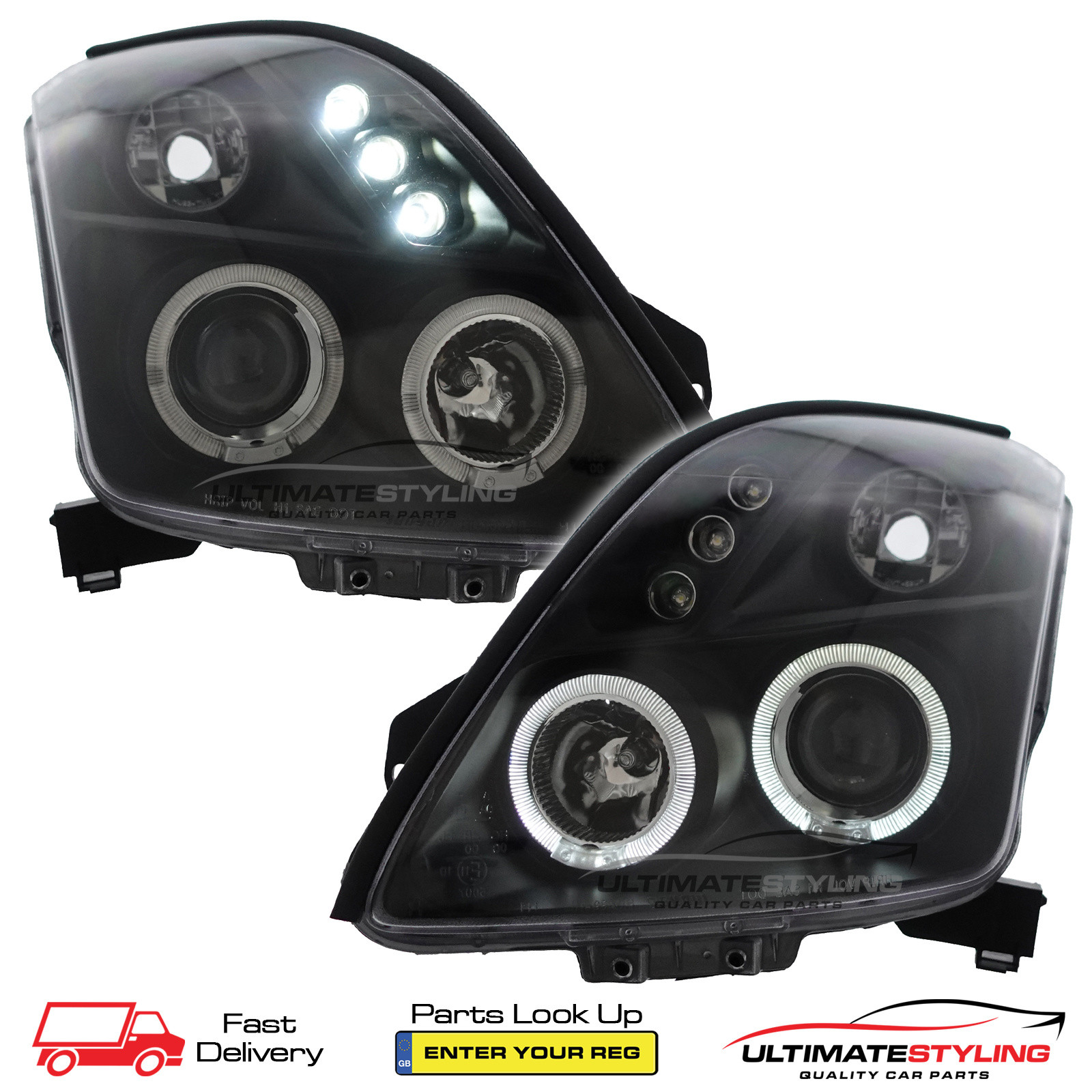 Suzuki Swift 2005-2010 Upgrade Black Inner Headlights LED DRL Angel Eyes Halo Projector Xenon Look