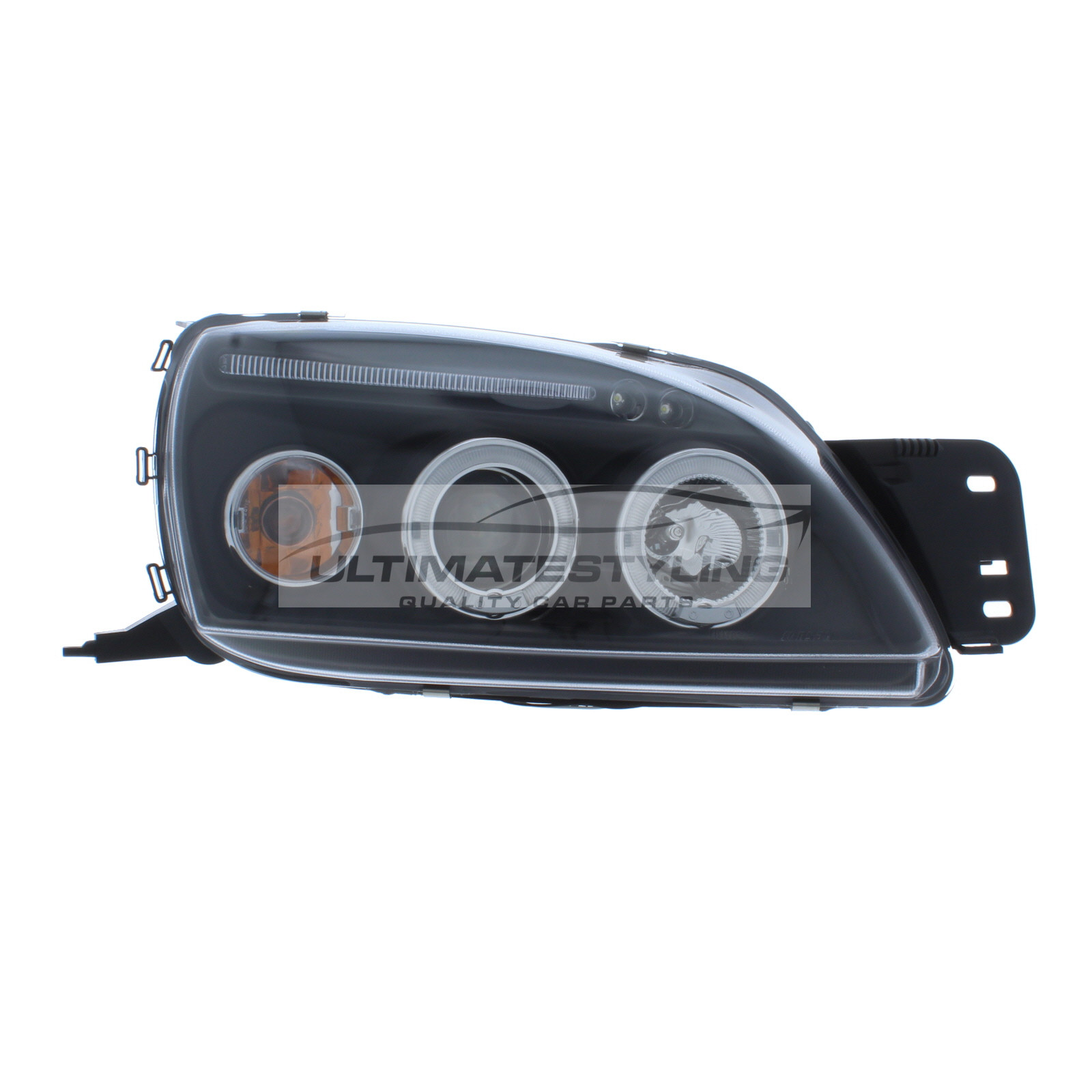 Ford Fiesta Mk5 1999-2002 Upgrade Headlights Black Inner LED Twin Angel Eyes Halo and LED DRL Projector Xenon Look