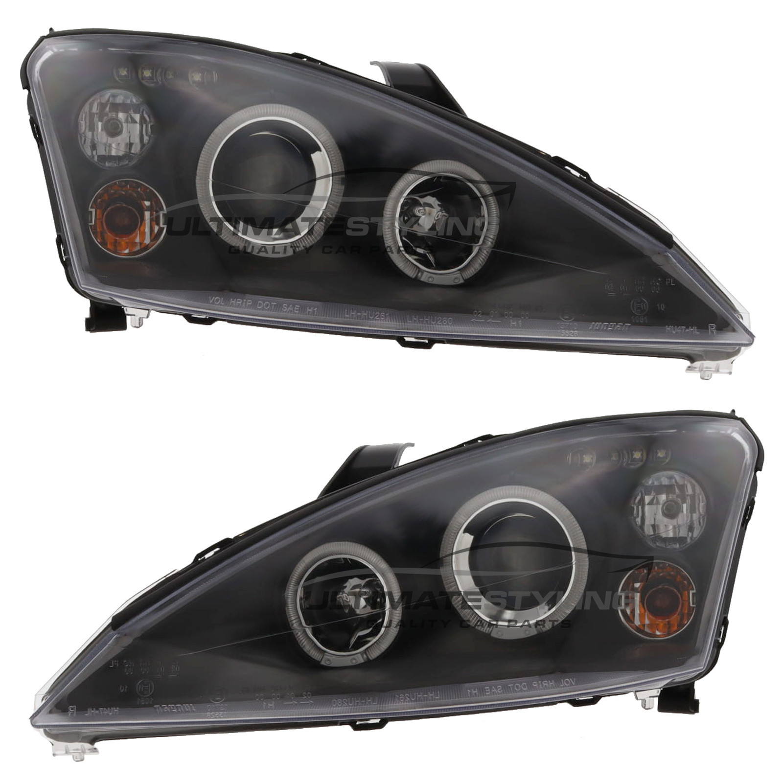 Ford Focus Mk1 2001-2004 Upgrade Headlights Black Inner LED Twin Angel Eyes and DRL Projector Xenon Look