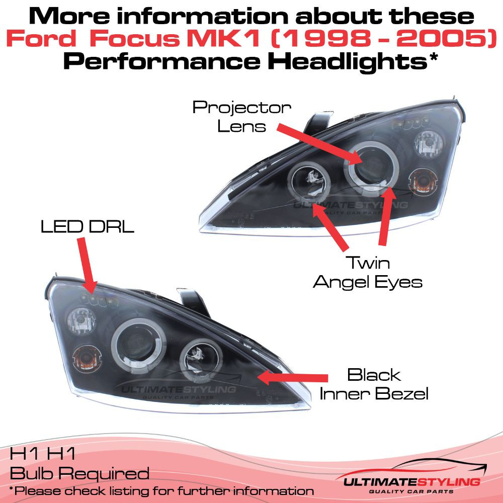 Ford Focus Mk1 2001-2004 Upgrade Headlights Black Inner LED Twin Angel Eyes and DRL Projector Xenon Look