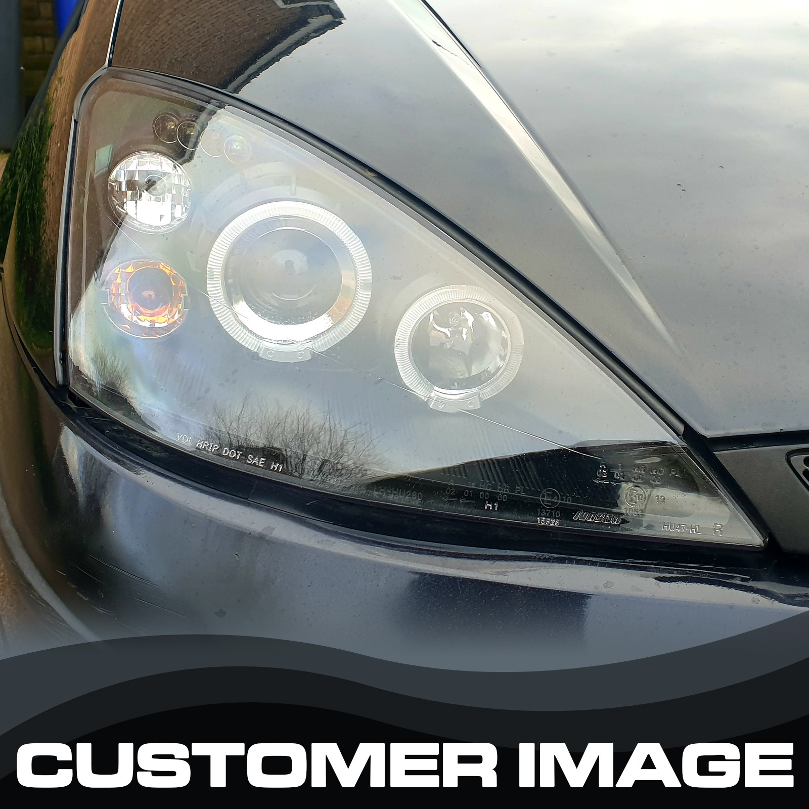 Ford Focus Mk1 2001-2004 Upgrade Headlights Black Inner LED Twin Angel Eyes and DRL Projector Xenon Look