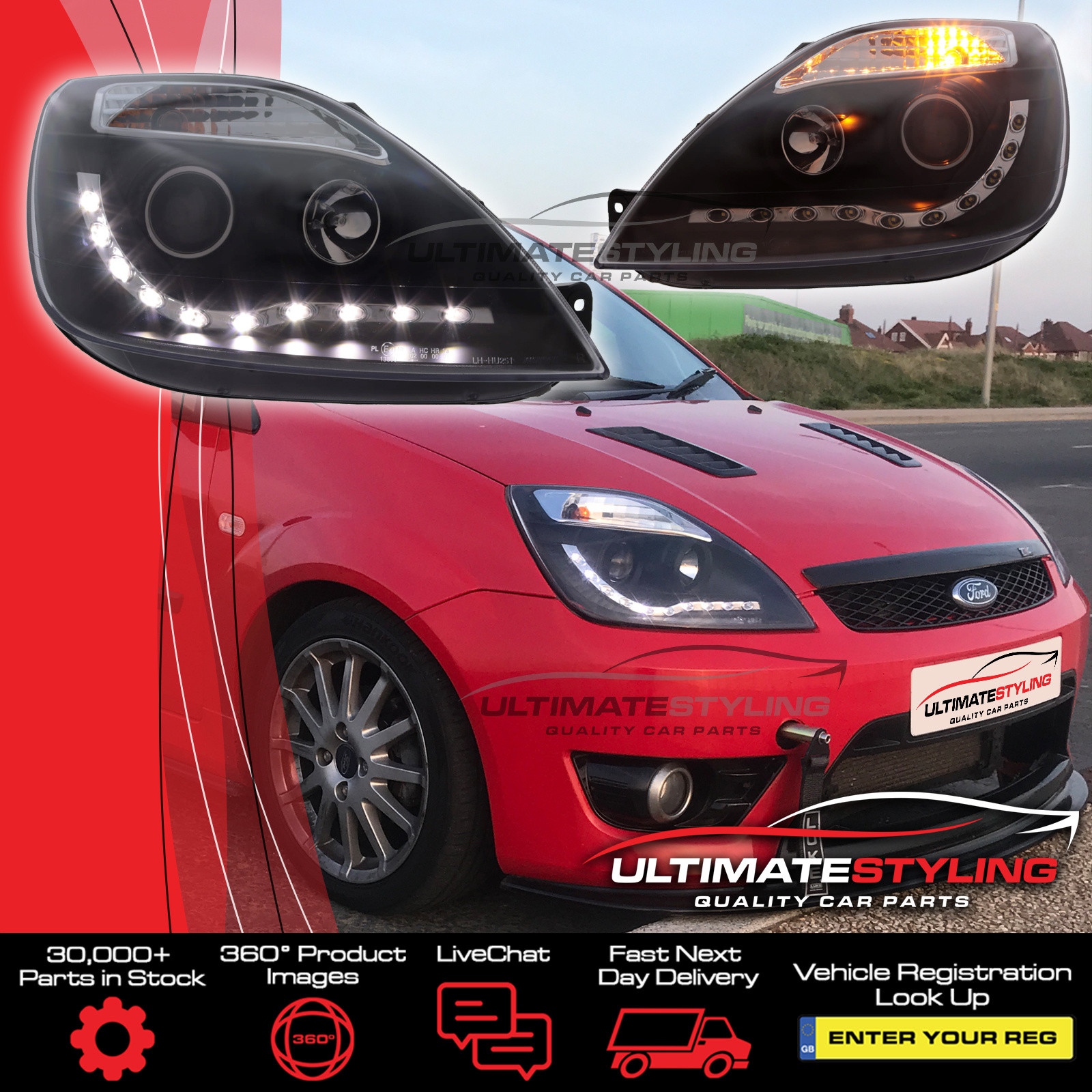 Ford Fiesta Mk6 Including Facelift Model 2002-2008 Upgrade Headlights Black Inner LED DRL Projector Xenon Look