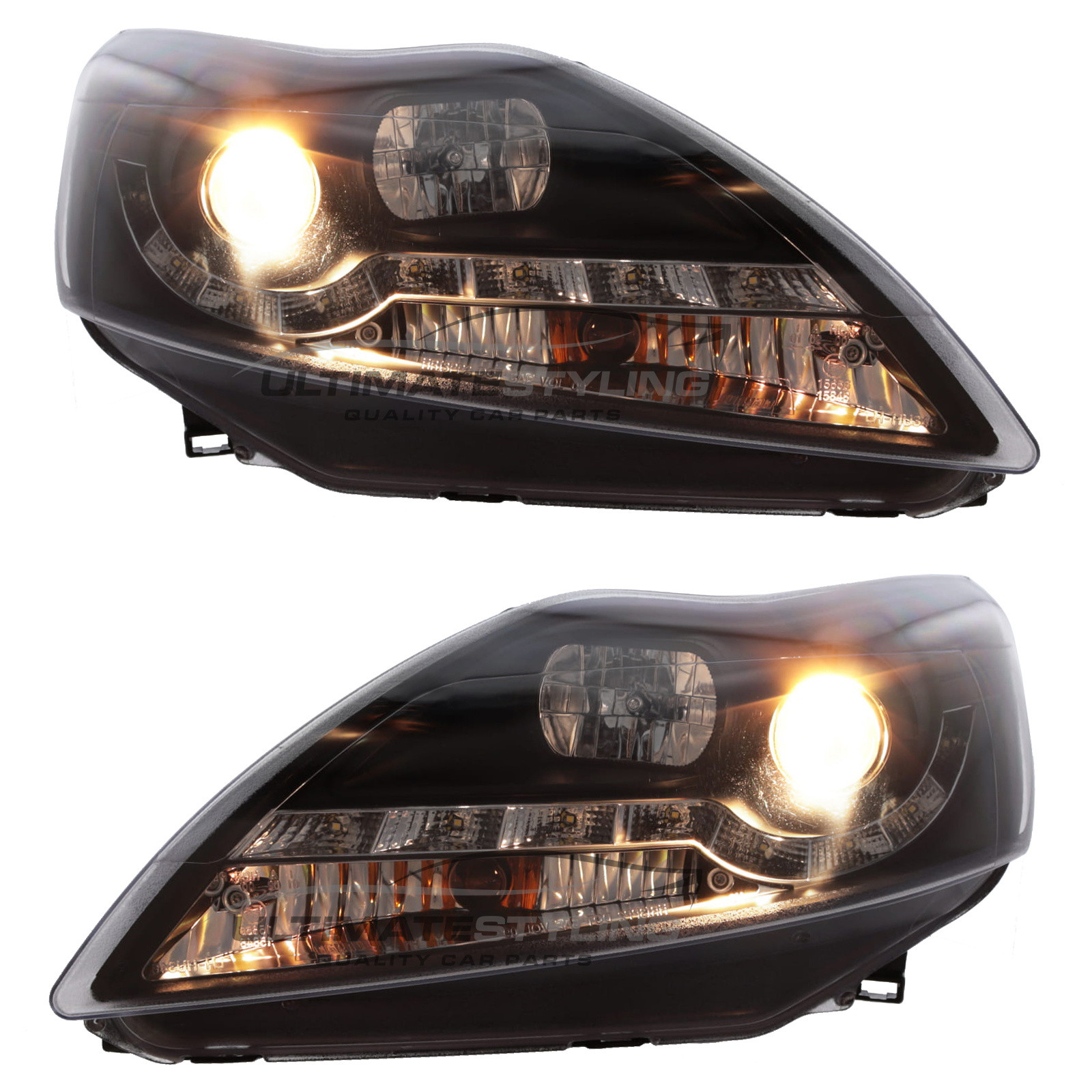 Ford Focus Mk2 Facelift 2008-2011 Upgrade Headlights Black Inner LED DRL Projector Xenon Look